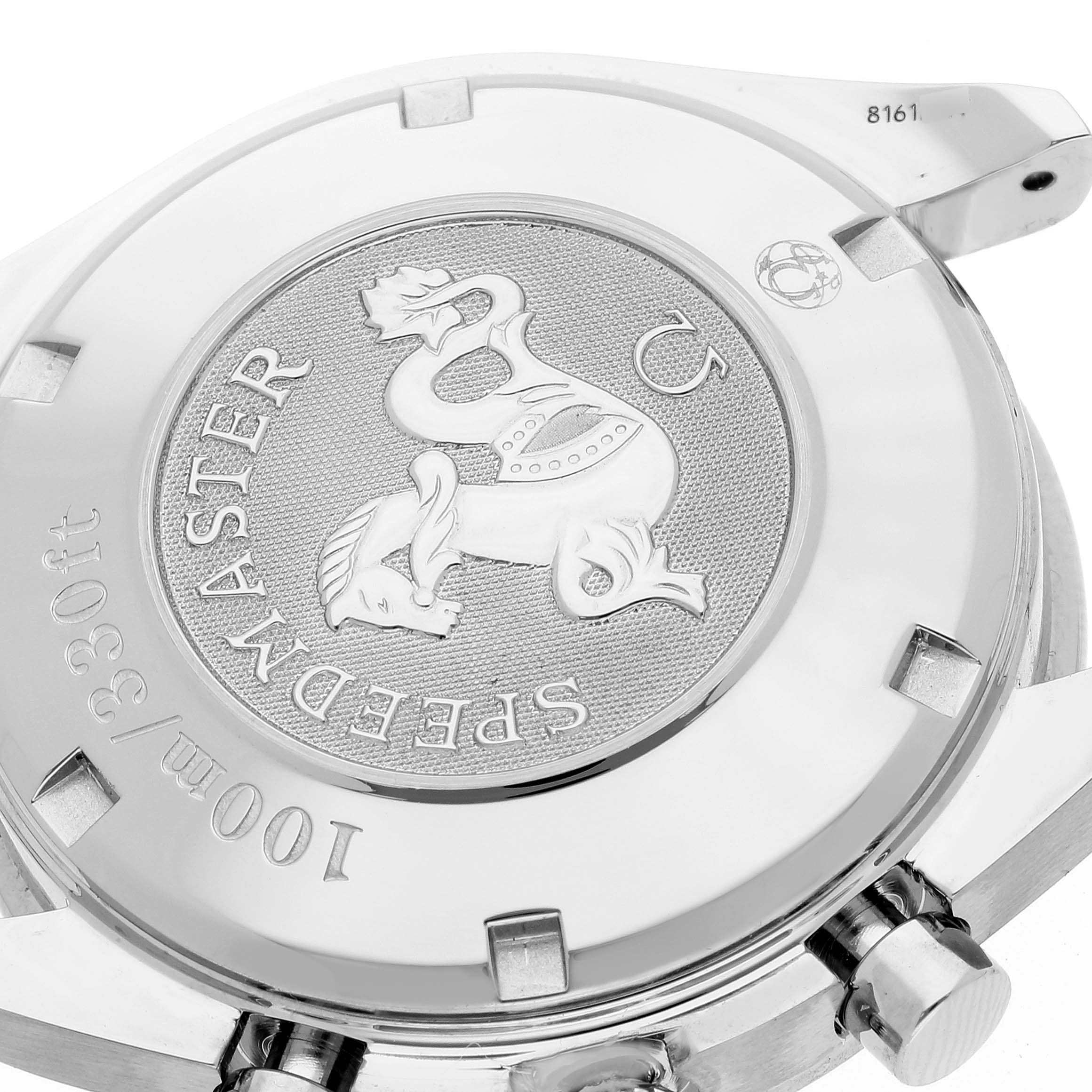 The image shows the back view of an Omega Speedmaster 3210.52.00 Men
s Stainless Steel Black Dial 3210.52.00 Men
s Stainless Steel Black Dial watch, highlighting the model engraving and water resistance details.