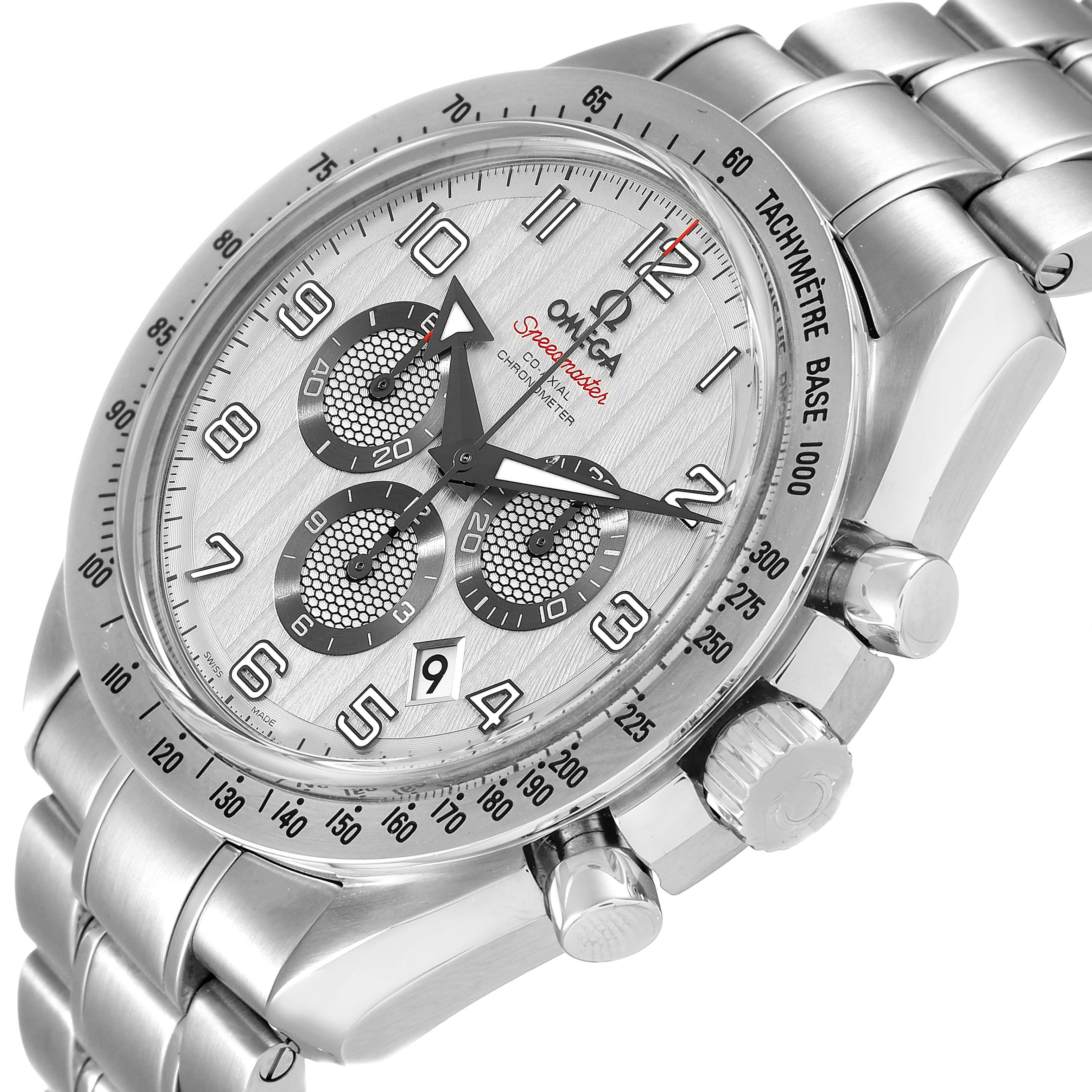 The image shows an Omega Speedmaster 321.10.44.50.02.001 Men's Stainless Steel Silver Dial 321.10.44.50.02.001 Men's Stainless Steel Silver Dial watch from a front angle, highlighting the dial, bezel, and stainless steel bracelet.