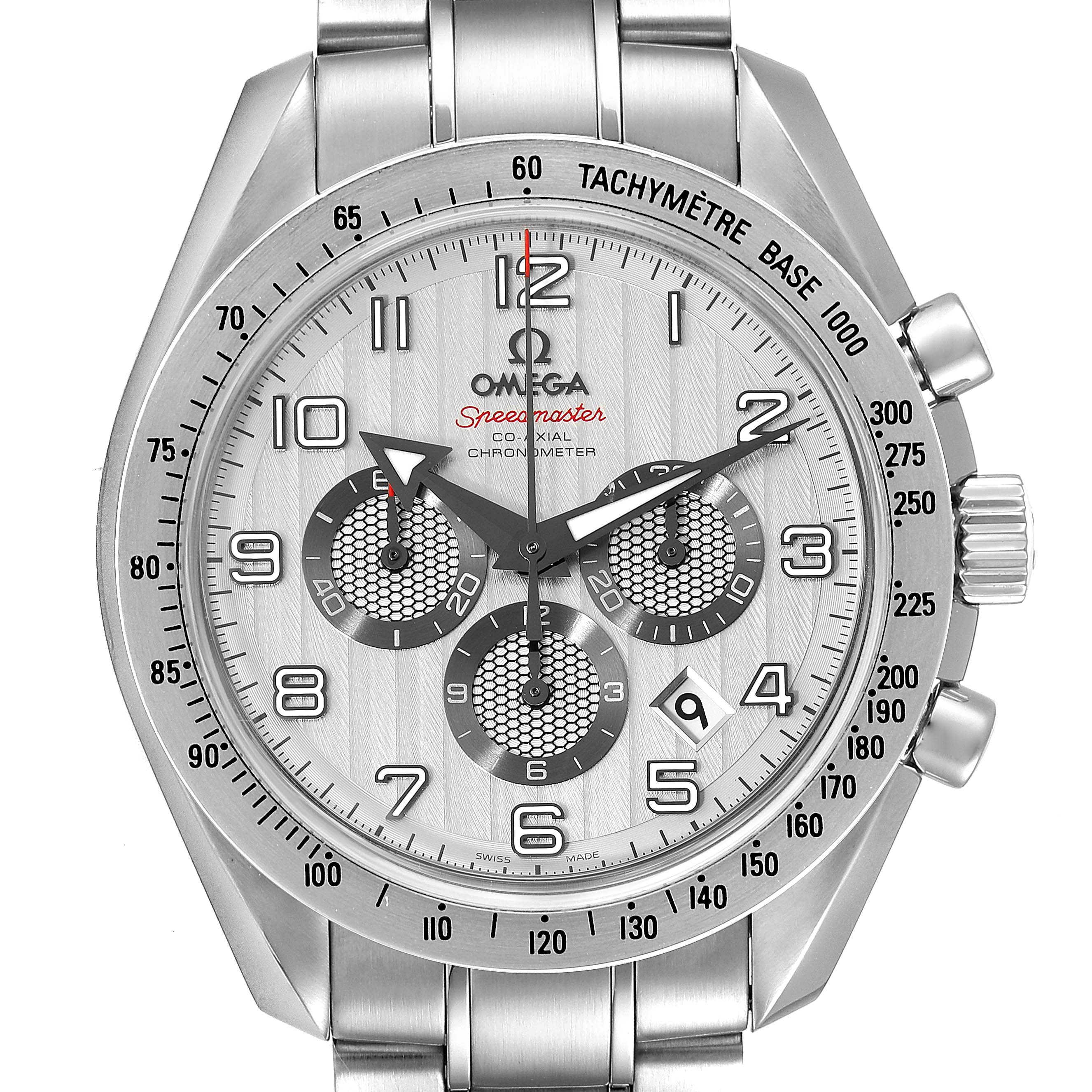 The image shows a front angle of an Omega Speedmaster 321.10.44.50.02.001 Men's Stainless Steel Silver Dial 321.10.44.50.02.001 Men's Stainless Steel Silver Dial watch, showcasing its dial, bezel, subdials, and metal bracelet.