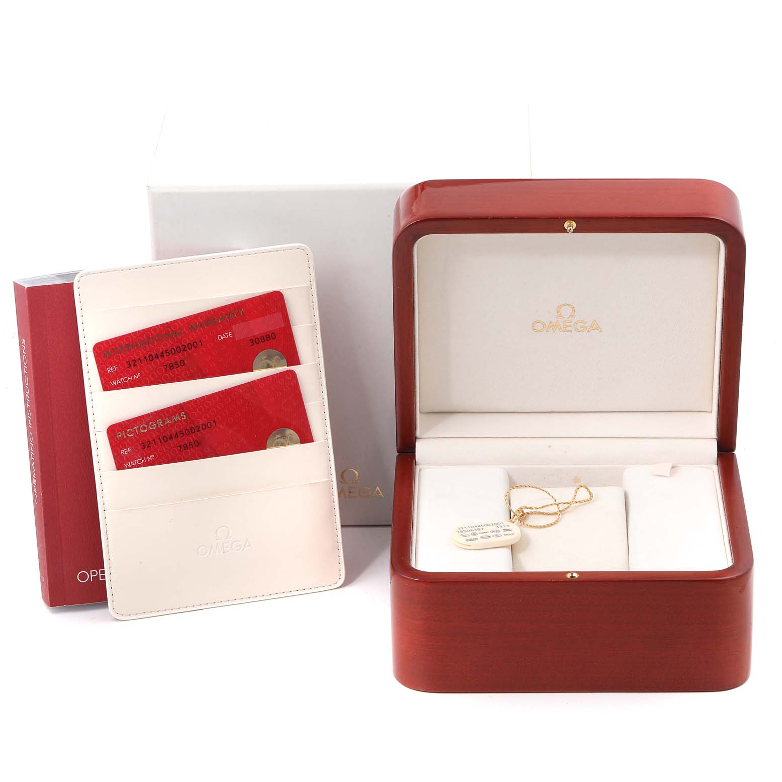 The image shows the box and warranty cards for an Omega Speedmaster 321.10.44.50.02.001 Men's Stainless Steel Silver Dial 321.10.44.50.02.001 Men's Stainless Steel Silver Dial, taken from a front angle.