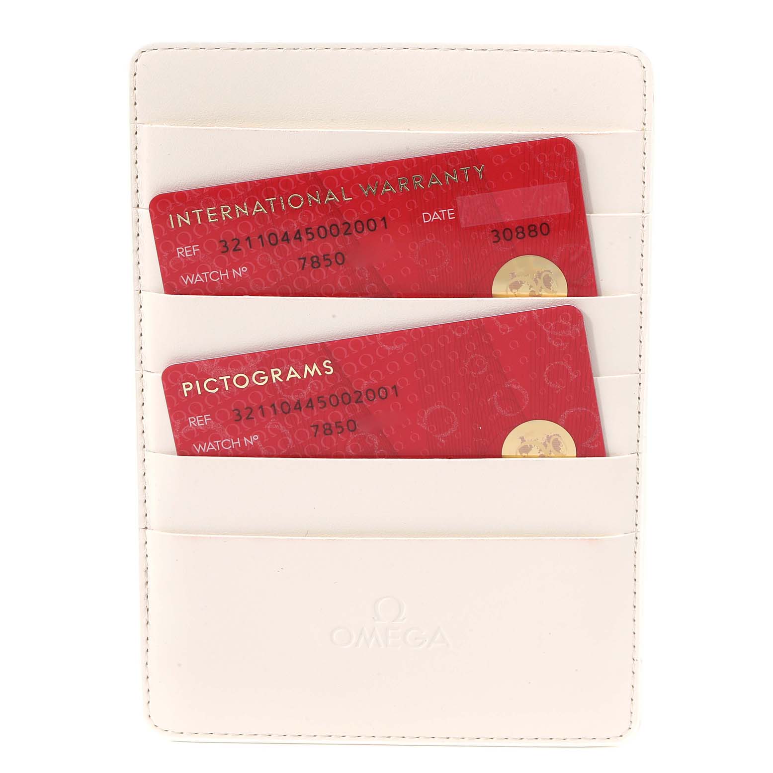 The image shows an Omega Speedmaster 321.10.44.50.02.001 Men's Stainless Steel Silver Dial 321.10.44.50.02.001 Men's Stainless Steel Silver Dial model's warranty and pictogram cards in a white cardholder.