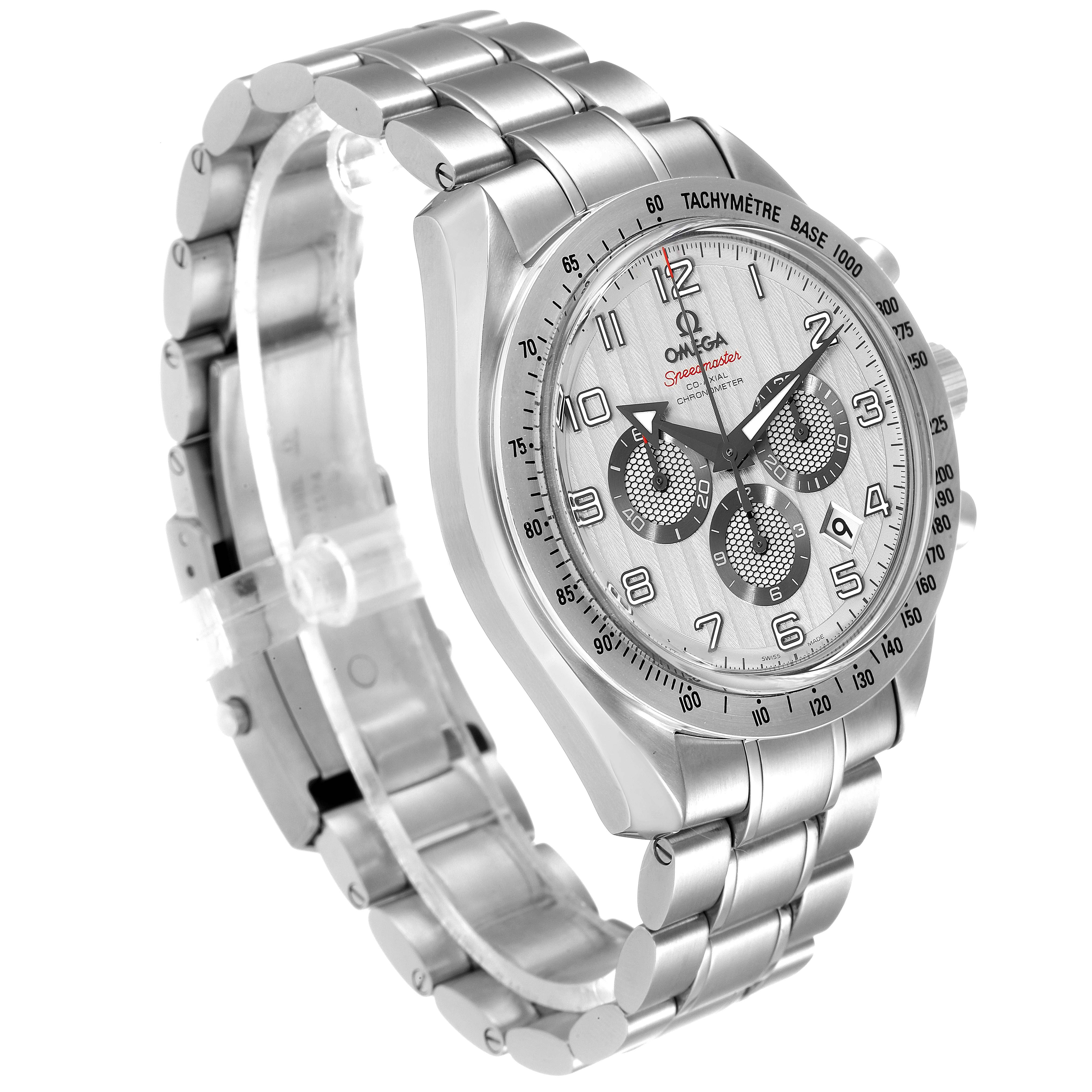 The Omega Speedmaster 321.10.44.50.02.001 Men's Stainless Steel Silver Dial 321.10.44.50.02.001 Men's Stainless Steel Silver Dial watch is shown at a three-quarter angle highlighting the bracelet, dial, and tachymeter bezel.