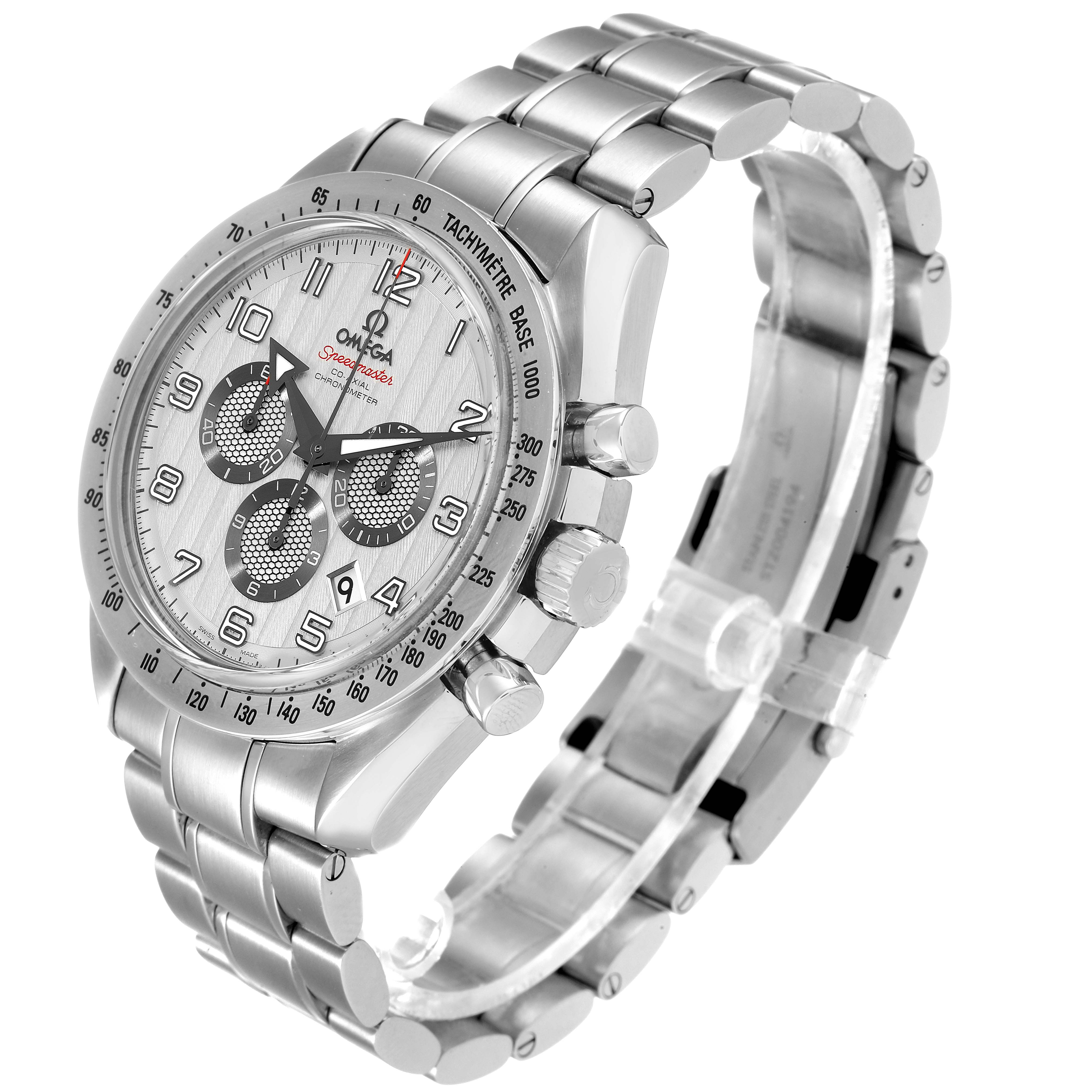 The image shows an angled view of the Omega Speedmaster 321.10.44.50.02.001 Men's Stainless Steel Silver Dial 321.10.44.50.02.001 Men's Stainless Steel Silver Dial watch, highlighting the dial, case, and metal bracelet.