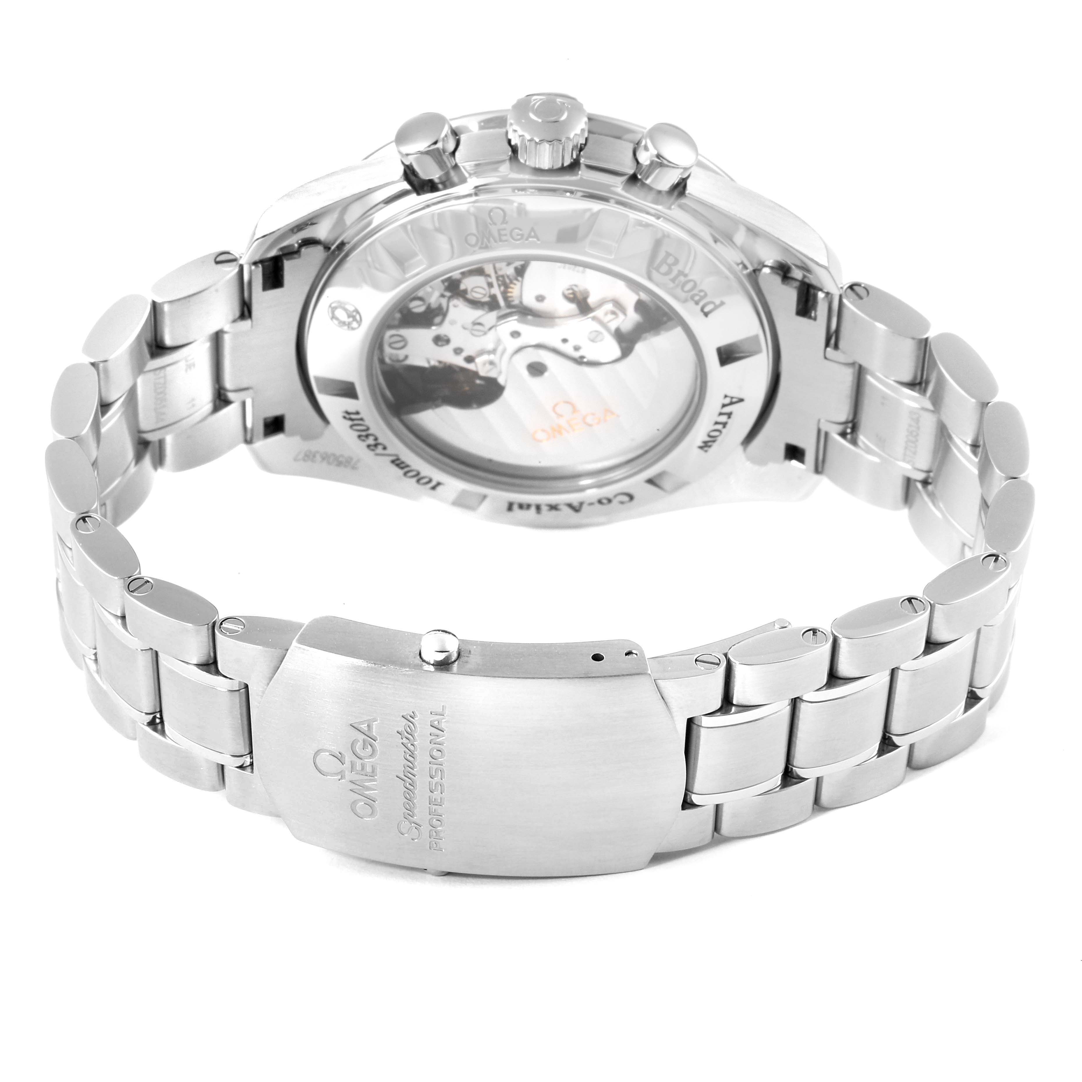 This image shows the back and bracelet of the Omega Speedmaster 321.10.44.50.02.001 Men's Stainless Steel Silver Dial 321.10.44.50.02.001 Men's Stainless Steel Silver Dial, highlighting the case back and the metal link bracelet with the clasp.