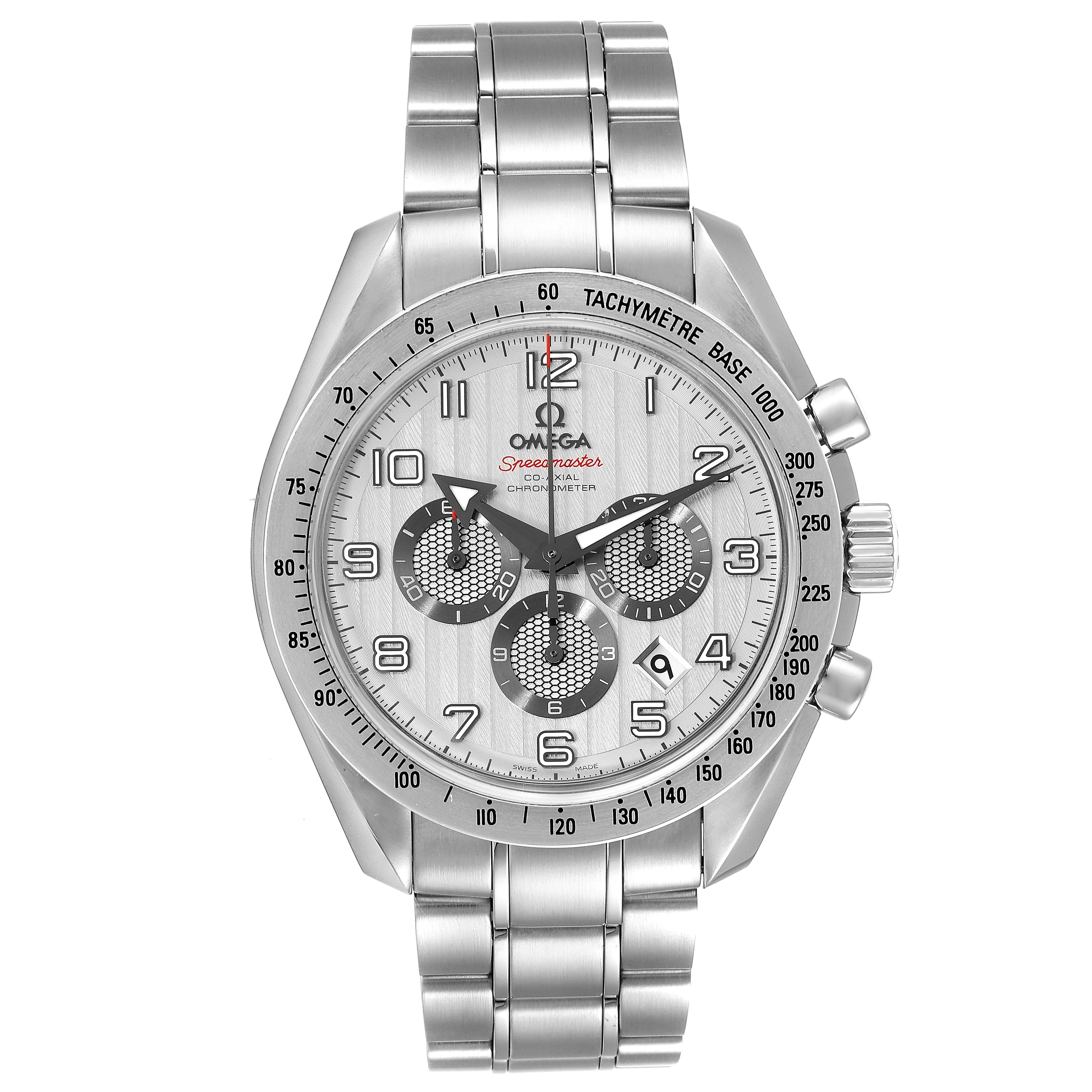 The image shows an Omega Speedmaster 321.10.44.50.02.001 Men's Stainless Steel Silver Dial 321.10.44.50.02.001 Men's Stainless Steel Silver Dial watch from the front angle, displaying the dial, tachymeter bezel, and stainless steel bracelet.