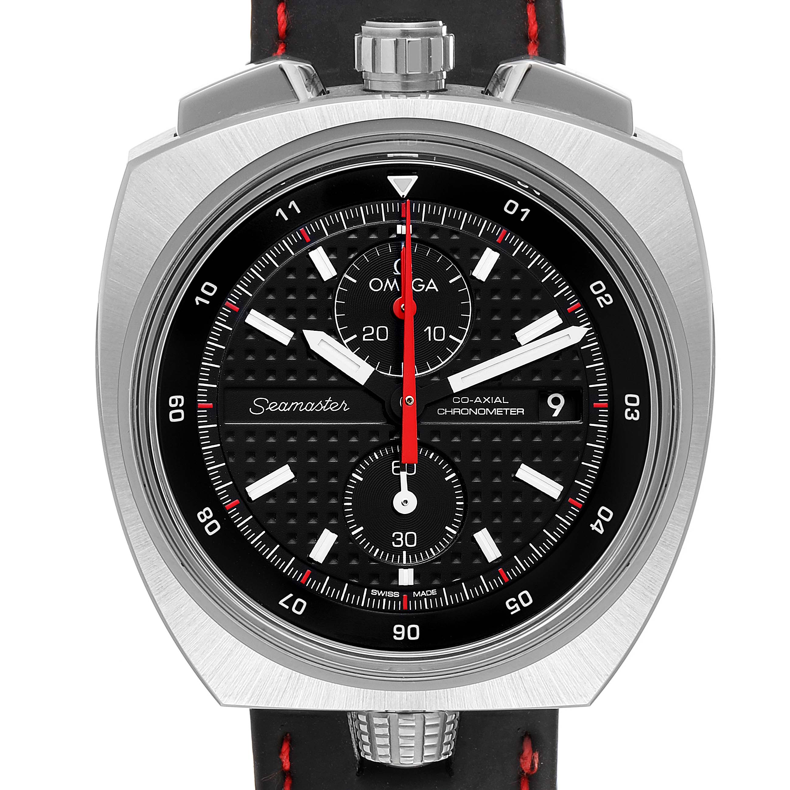 The image shows a frontal view of the Omega Seamaster 225.12.43.50.01.001 Men's Stainless Steel Black Dial 225.12.43.50.01.001 Men's Stainless Steel Black Dial watch, highlighting its dial, bezel, and crown.