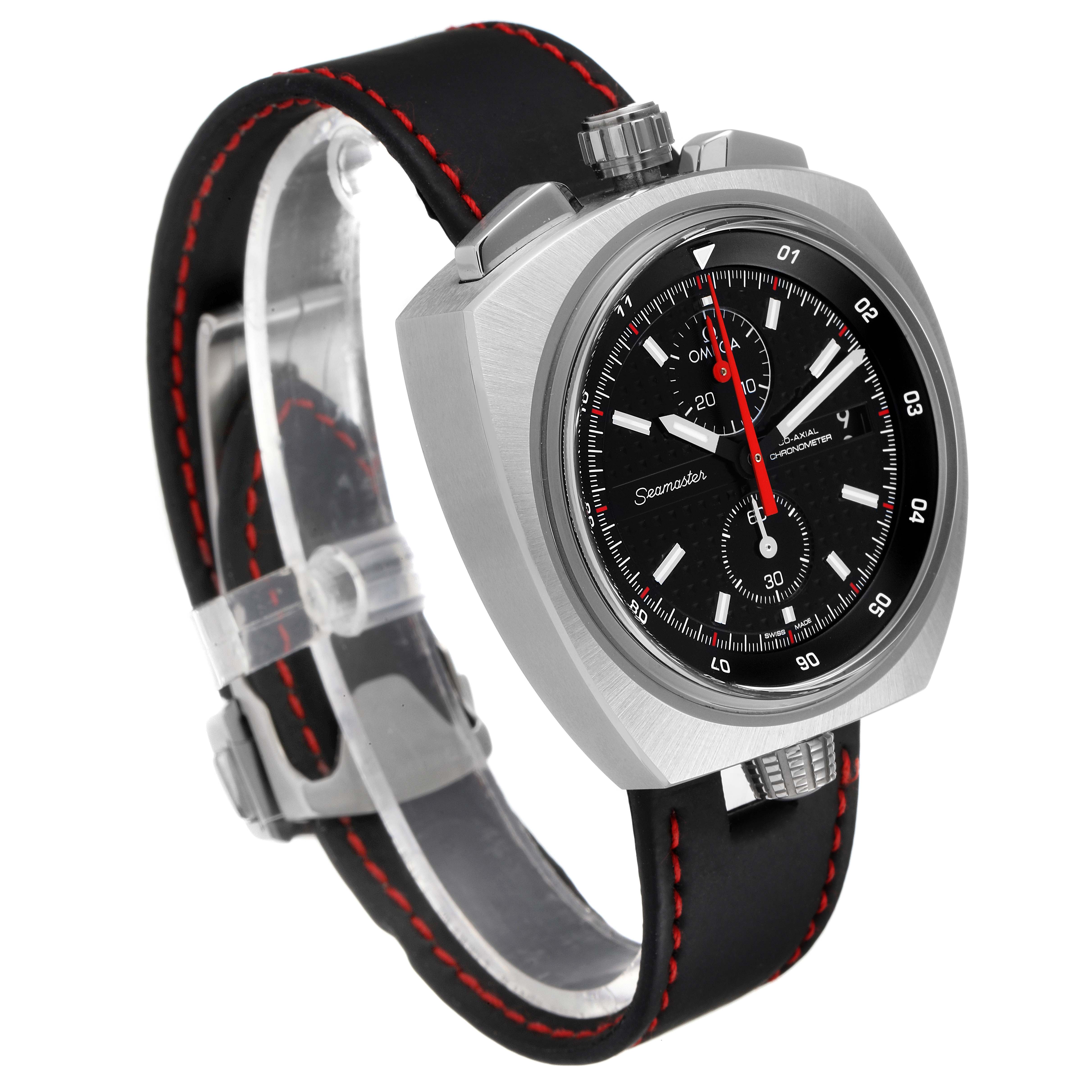 This image shows an Omega Seamaster 225.12.43.50.01.001 Men's Stainless Steel Black Dial 225.12.43.50.01.001 Men's Stainless Steel Black Dial watch at a three-quarter angle, highlighting the case, dial, and black strap.