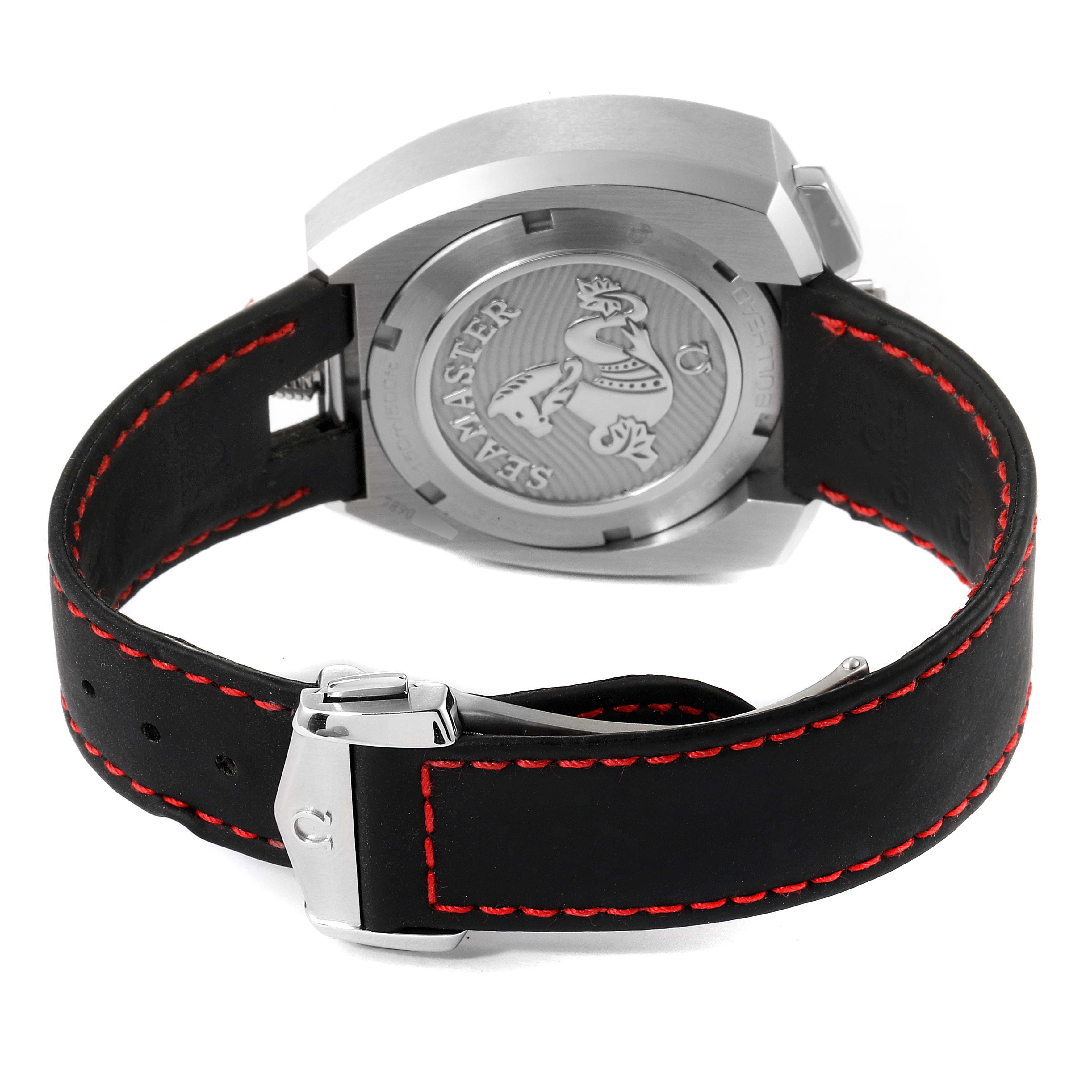 The image shows the back of an Omega Seamaster 225.12.43.50.01.001 Men's Stainless Steel Black Dial 225.12.43.50.01.001 Men's Stainless Steel Black Dial watch, highlighting the case back and part of the leather strap with red stitching.