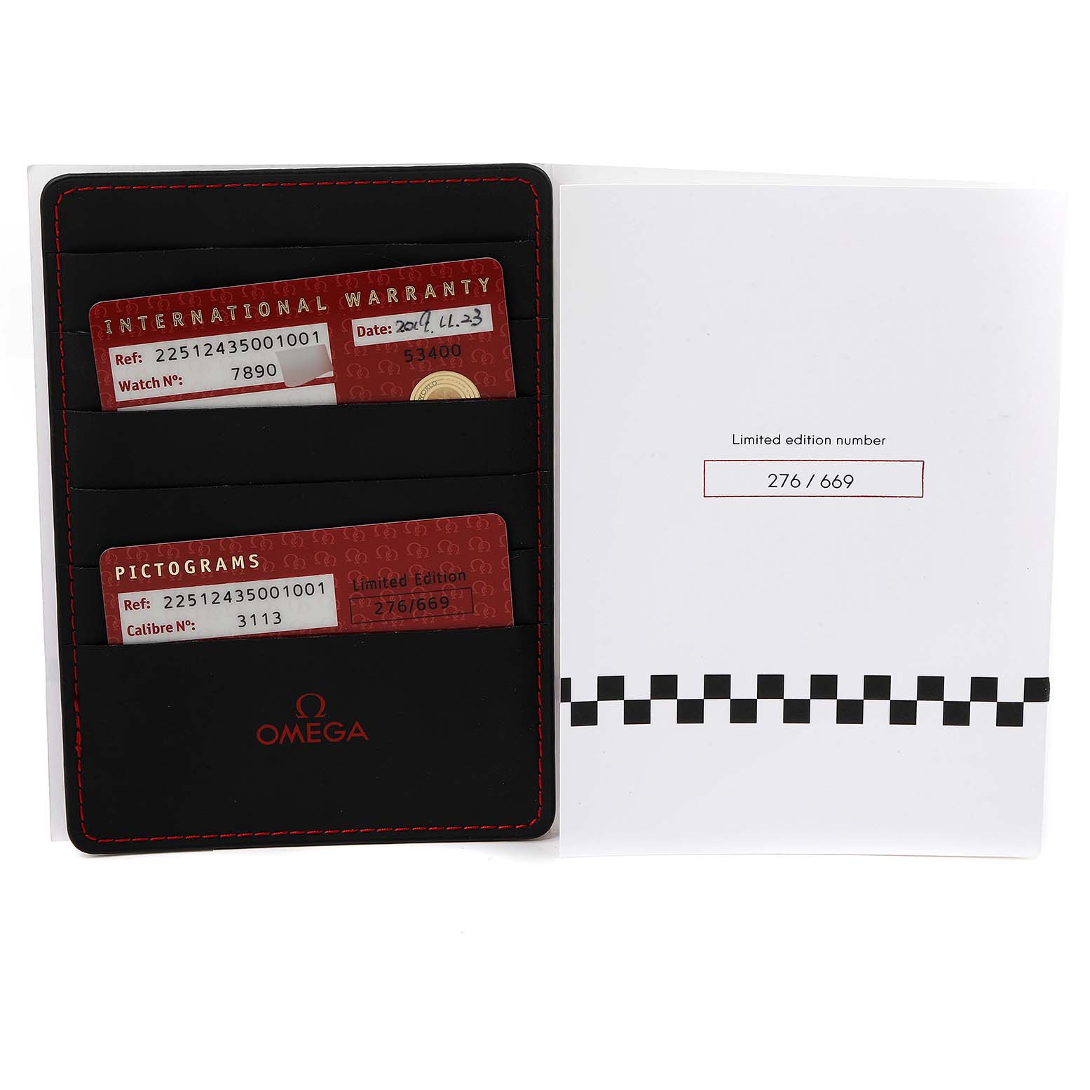 The image shows the warranty cardholder and documentation for the Omega Seamaster 225.12.43.50.01.001 Men's Stainless Steel Black Dial 225.12.43.50.01.001 Men's Stainless Steel Black Dial watch, including the international warranty, pictograms, and the limited edition number.