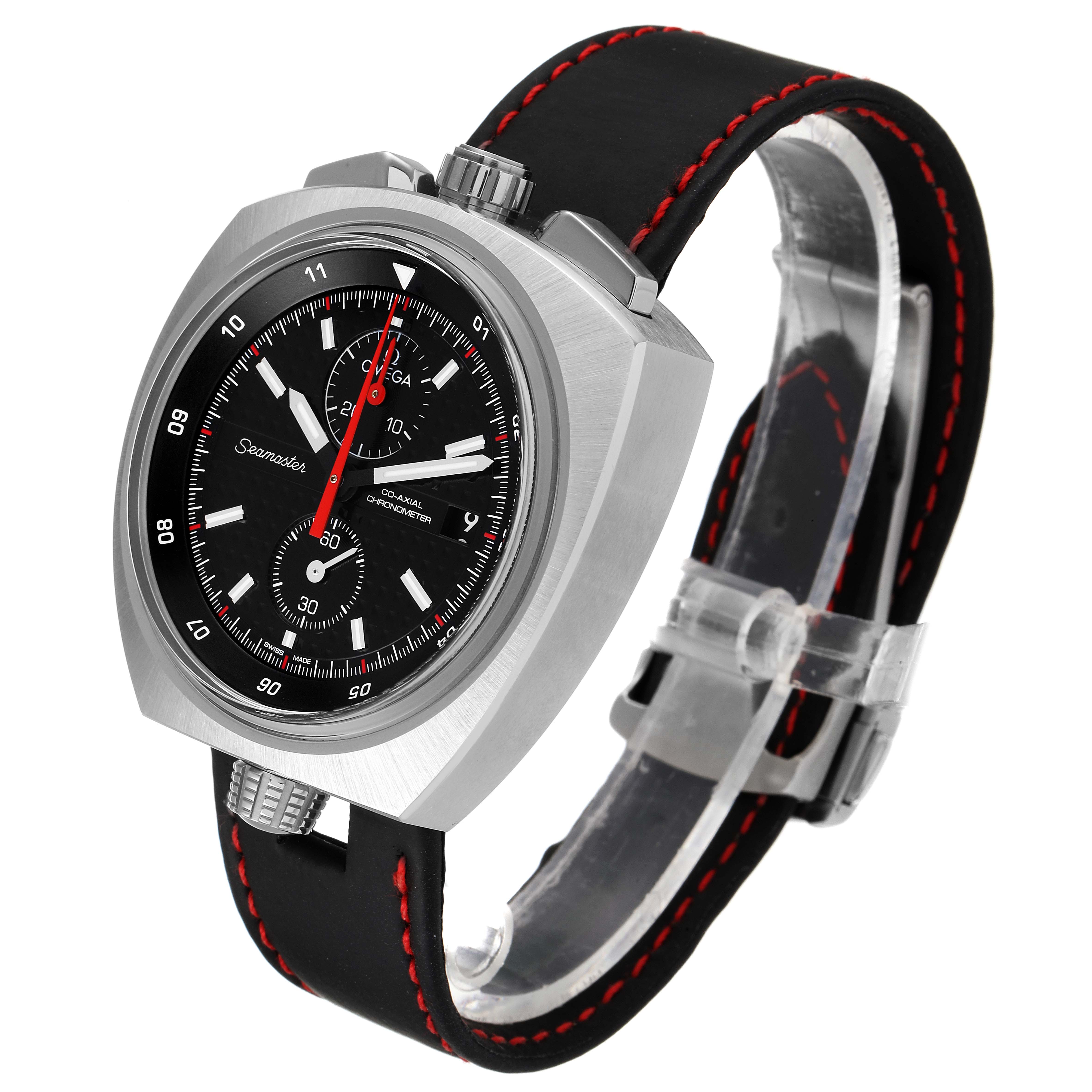 The Omega Seamaster 225.12.43.50.01.001 Men's Stainless Steel Black Dial 225.12.43.50.01.001 Men's Stainless Steel Black Dial watch is shown at a three-quarter angle, highlighting its black leather strap with red stitching and stainless steel case.