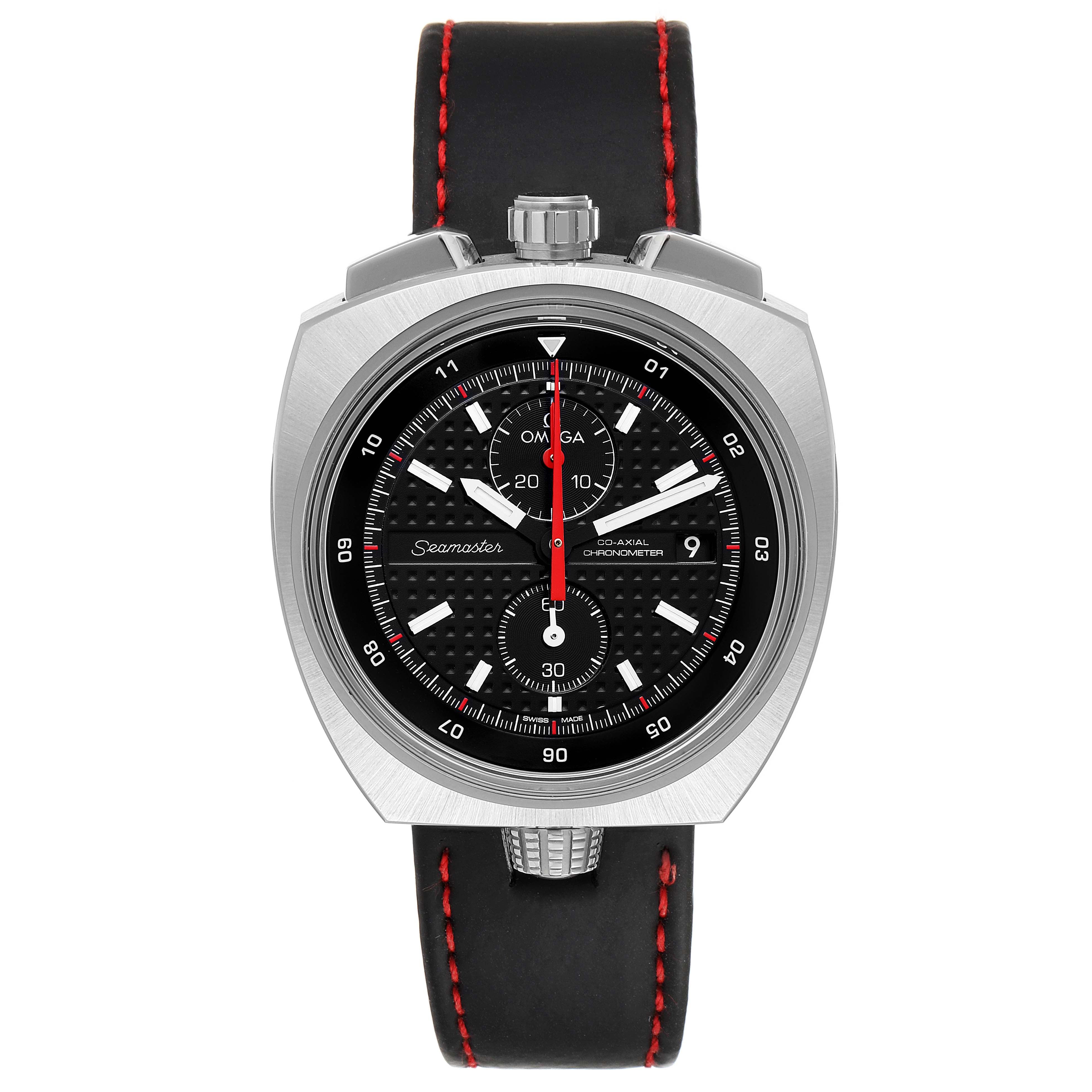The Omega Seamaster 225.12.43.50.01.001 Men's Stainless Steel Black Dial 225.12.43.50.01.001 Men's Stainless Steel Black Dial watch is shown from a front angle, displaying the black dial, sub-dials, and leather strap with red stitching.