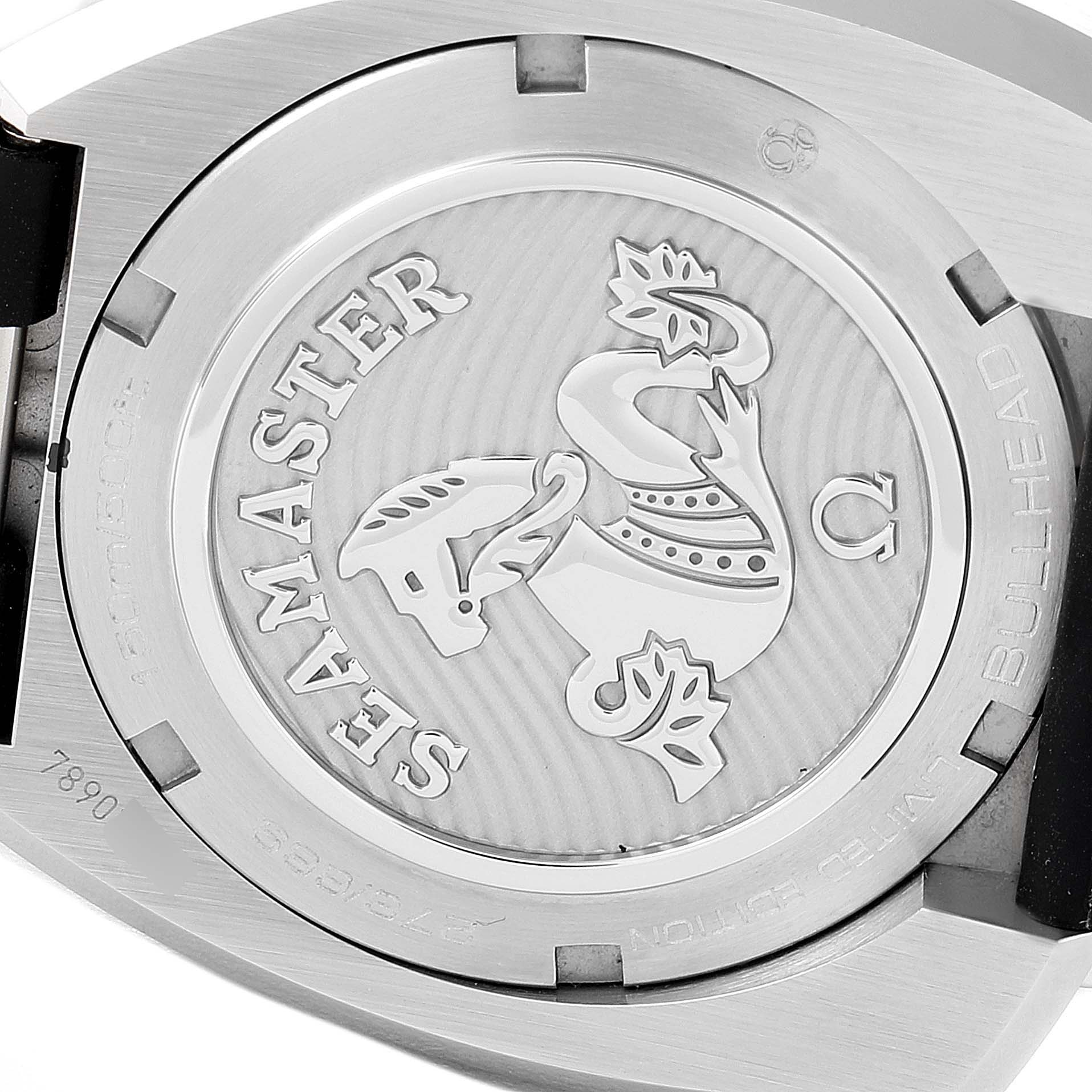 The image shows the case back of an Omega Seamaster 225.12.43.50.01.001 Men's Stainless Steel Black Dial 225.12.43.50.01.001 Men's Stainless Steel Black Dial Bullhead watch, featuring the embossed logo and model name.