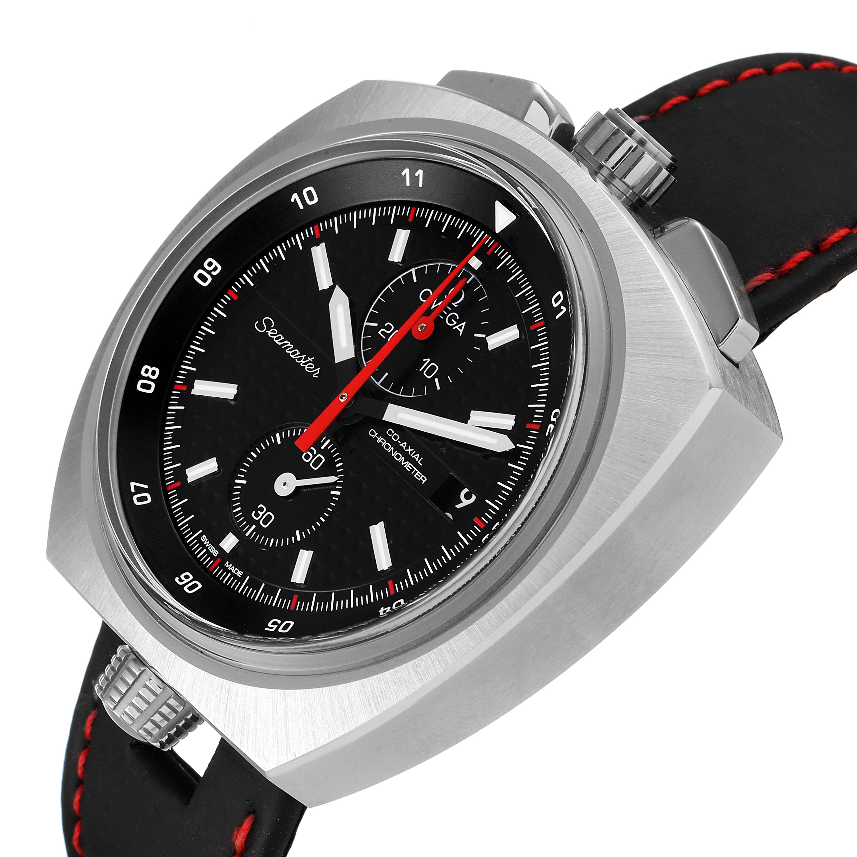 This image shows an angled view of the Omega Seamaster 225.12.43.50.01.001 Men's Stainless Steel Black Dial 225.12.43.50.01.001 Men's Stainless Steel Black Dial watch, highlighting its dial, case, and crown.