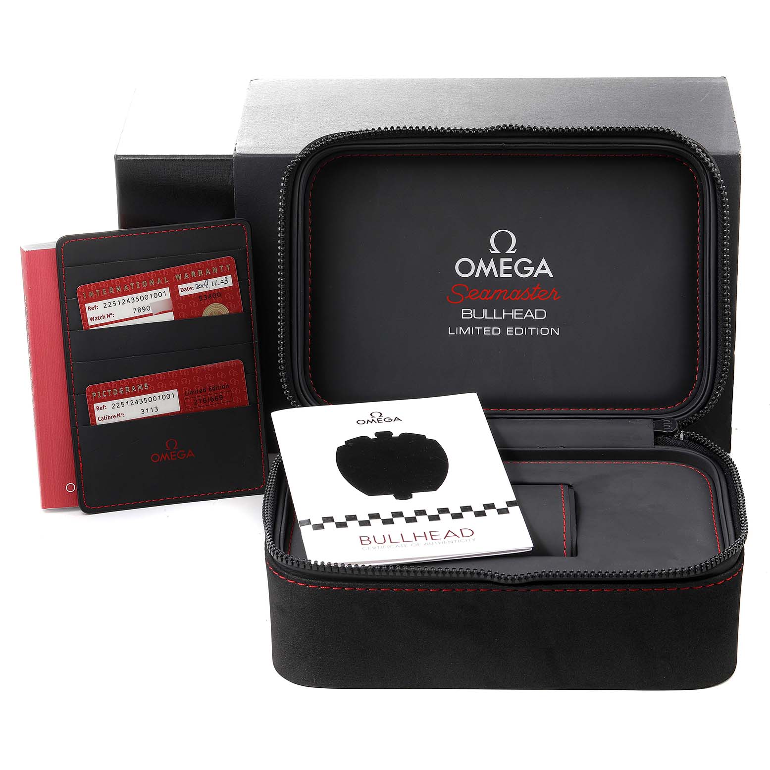 The image shows an Omega Seamaster 225.12.43.50.01.001 Men's Stainless Steel Black Dial 225.12.43.50.01.001 Men's Stainless Steel Black Dial Bullhead Limited Edition box, including a case, warranty cards, and an instruction manual.