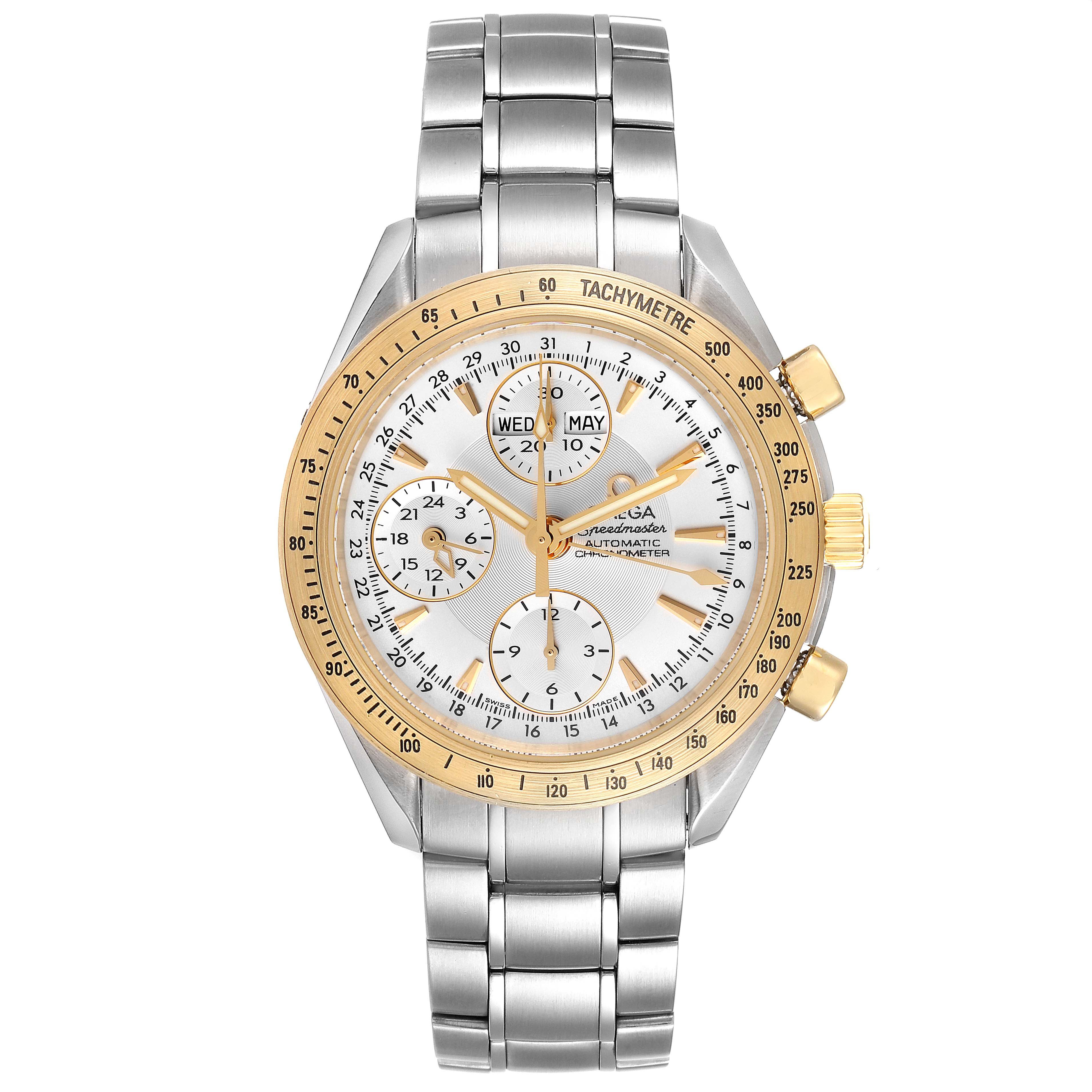 The Omega Speedmaster 323.21.40.44.02.001 Men's Steel and Gold (two tone) Silver Dial 323.21.40.44.02.001 Men's Steel and Gold (two tone) Silver Dial watch is shown from the front, displaying the dial, bezel, lugs, and metal bracelet.