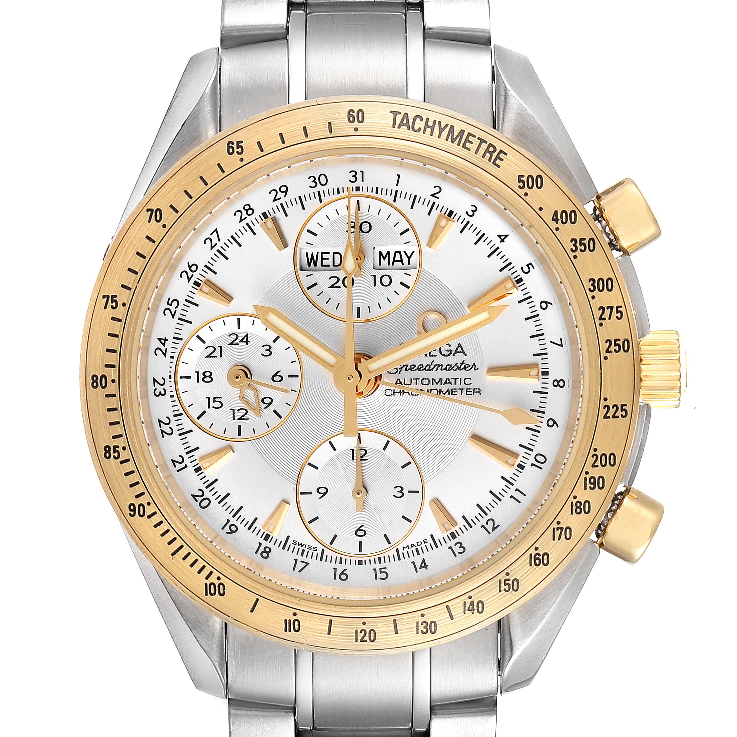 The Omega Speedmaster 323.21.40.44.02.001 Men's Steel and Gold (two tone) Silver Dial 323.21.40.44.02.001 Men's Steel and Gold (two tone) Silver Dial watch is shown from a frontal angle, highlighting its dial, tachymeter bezel, and chronograph sub-dials.