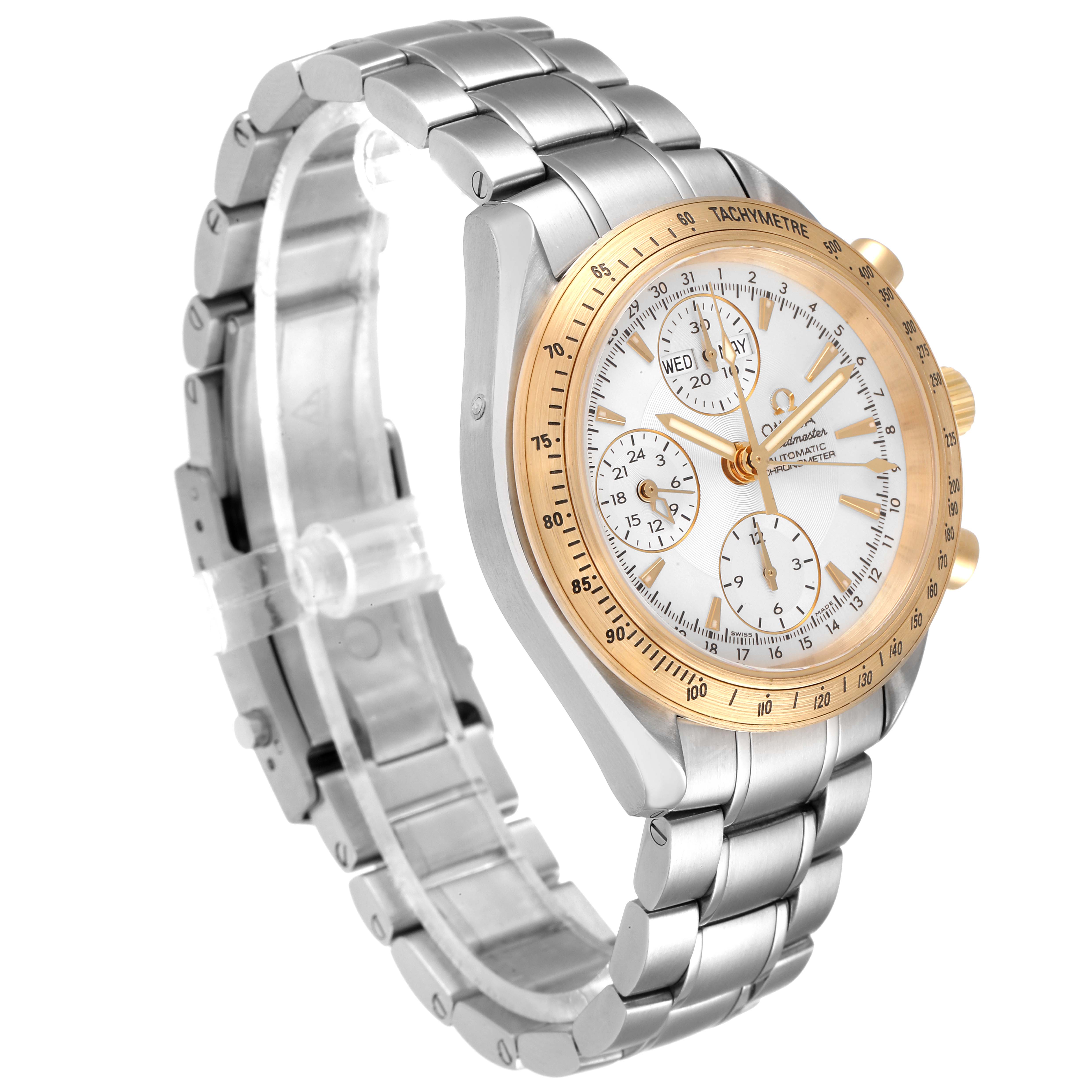 The Omega Speedmaster 323.21.40.44.02.001 Men's Steel and Gold (two tone) Silver Dial 323.21.40.44.02.001 Men's Steel and Gold (two tone) Silver Dial watch is shown at a three-quarter angle, displaying the face, bezel, crown, and bracelet.