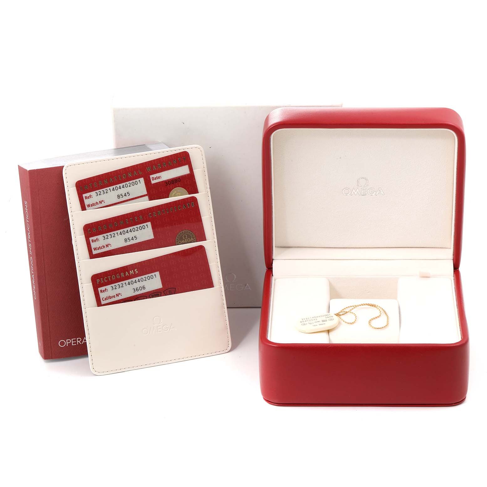 The image shows an Omega Speedmaster 323.21.40.44.02.001 Men's Steel and Gold (two tone) Silver Dial 323.21.40.44.02.001 Men's Steel and Gold (two tone) Silver Dial watch box with warranty cards, an instruction manual, and an empty red watch case.