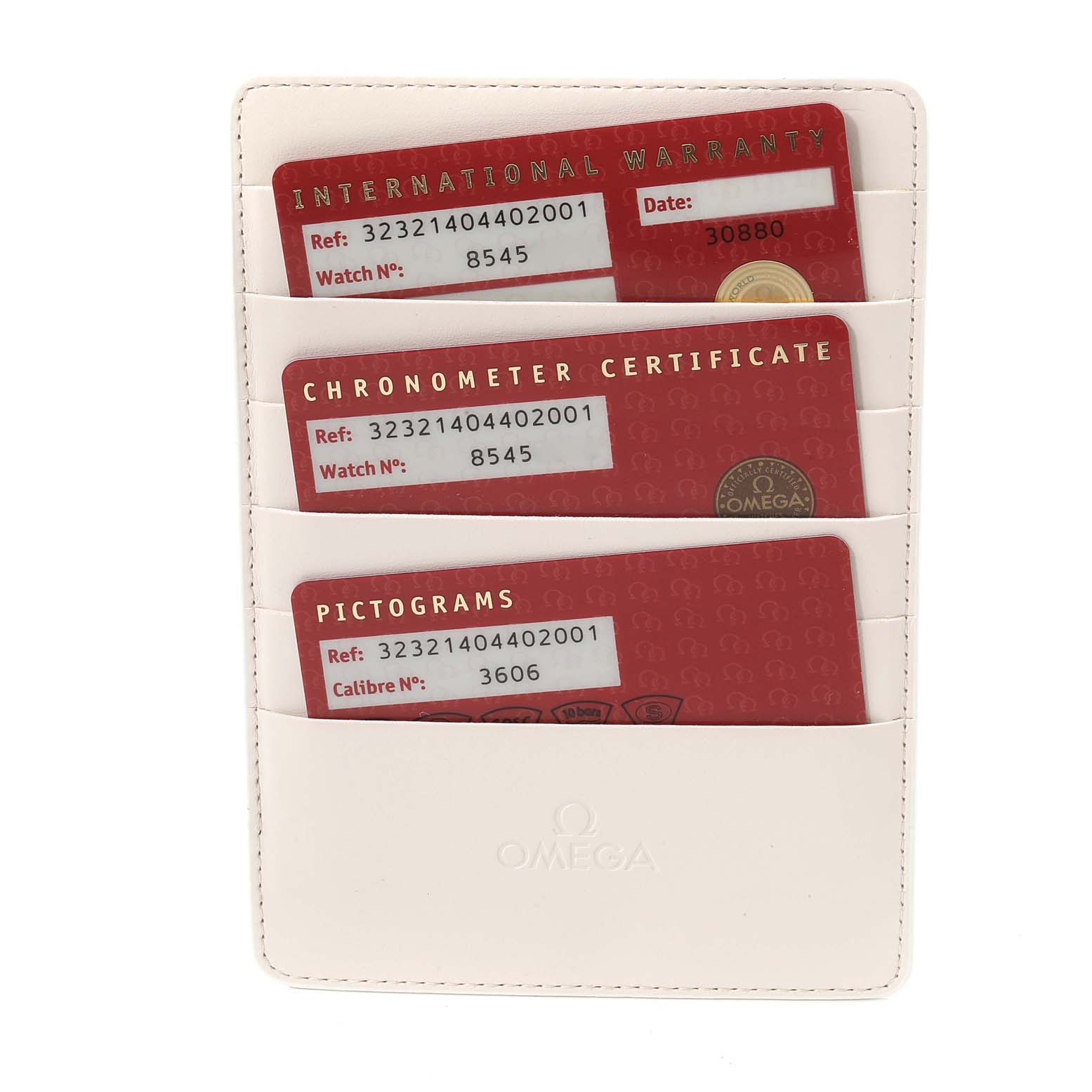 The image shows the warranty, chronometer certificate, and pictogram cards for the Omega Speedmaster 323.21.40.44.02.001 Men's Steel and Gold (two tone) Silver Dial 323.21.40.44.02.001 Men's Steel and Gold (two tone) Silver Dial watch.