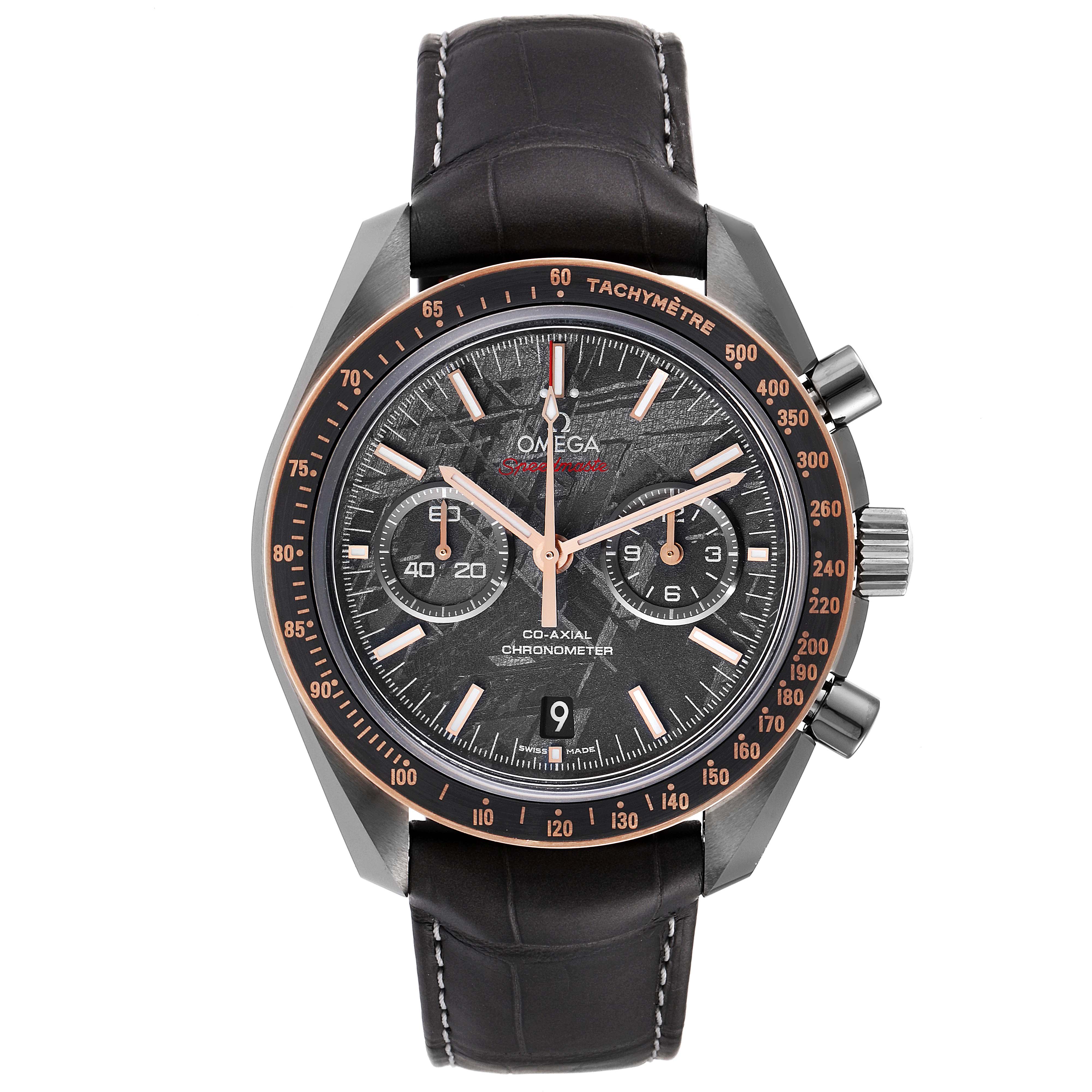 This image shows a frontal view of the Omega Speedmaster 311.63.44.51.99.001 Men's Ceramic Grey Dial 311.63.44.51.99.001 Men's Ceramic Grey Dial watch, highlighting the dial, bezel, and chronograph pushers.