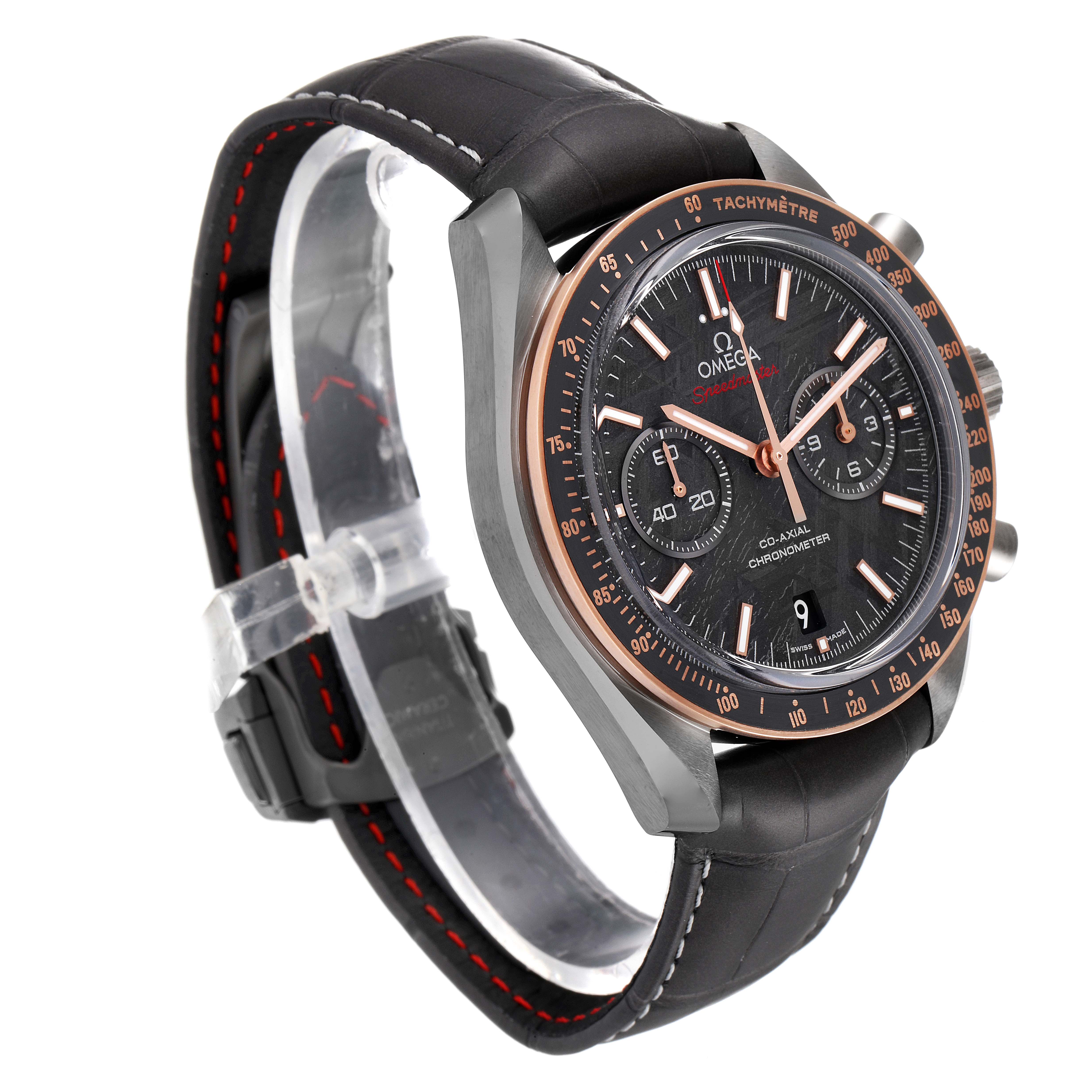 The image shows an Omega Speedmaster 311.63.44.51.99.001 Men's Ceramic Grey Dial 311.63.44.51.99.001 Men's Ceramic Grey Dial watch at a slight angle, displaying its face, bezel, case, and leather strap.