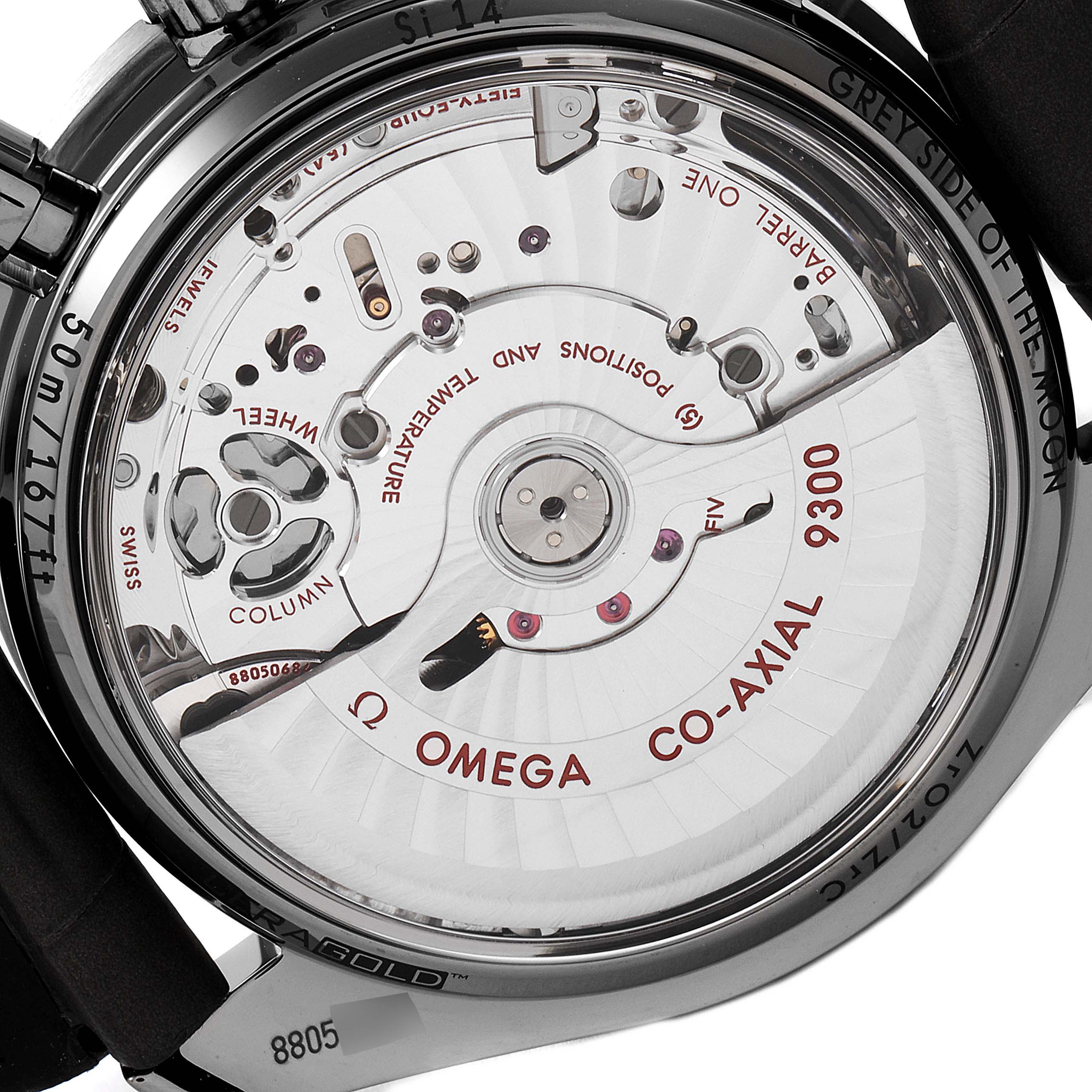 This image shows the back view of an Omega Speedmaster 311.63.44.51.99.001 Men's Ceramic Grey Dial 311.63.44.51.99.001 Men's Ceramic Grey Dial, highlighting its co-axial movement and internal mechanisms.