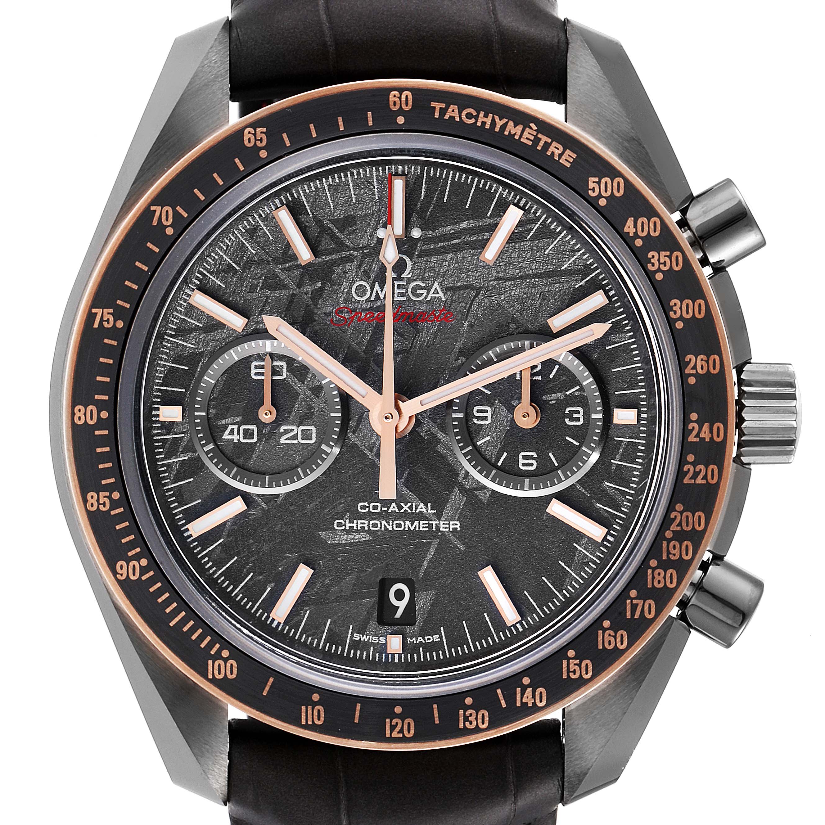 The image shows a front view of the Omega Speedmaster 311.63.44.51.99.001 Men's Ceramic Grey Dial 311.63.44.51.99.001 Men's Ceramic Grey Dial watch, highlighting the dial, subdials, bezel, crown, and chronograph pushers.