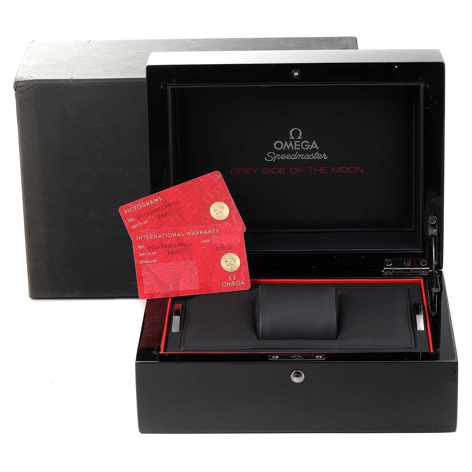 The image shows an Omega Speedmaster 311.63.44.51.99.001 Men's Ceramic Grey Dial 311.63.44.51.99.001 Men's Ceramic Grey Dial watch box, open, with warranty cards displayed inside.
