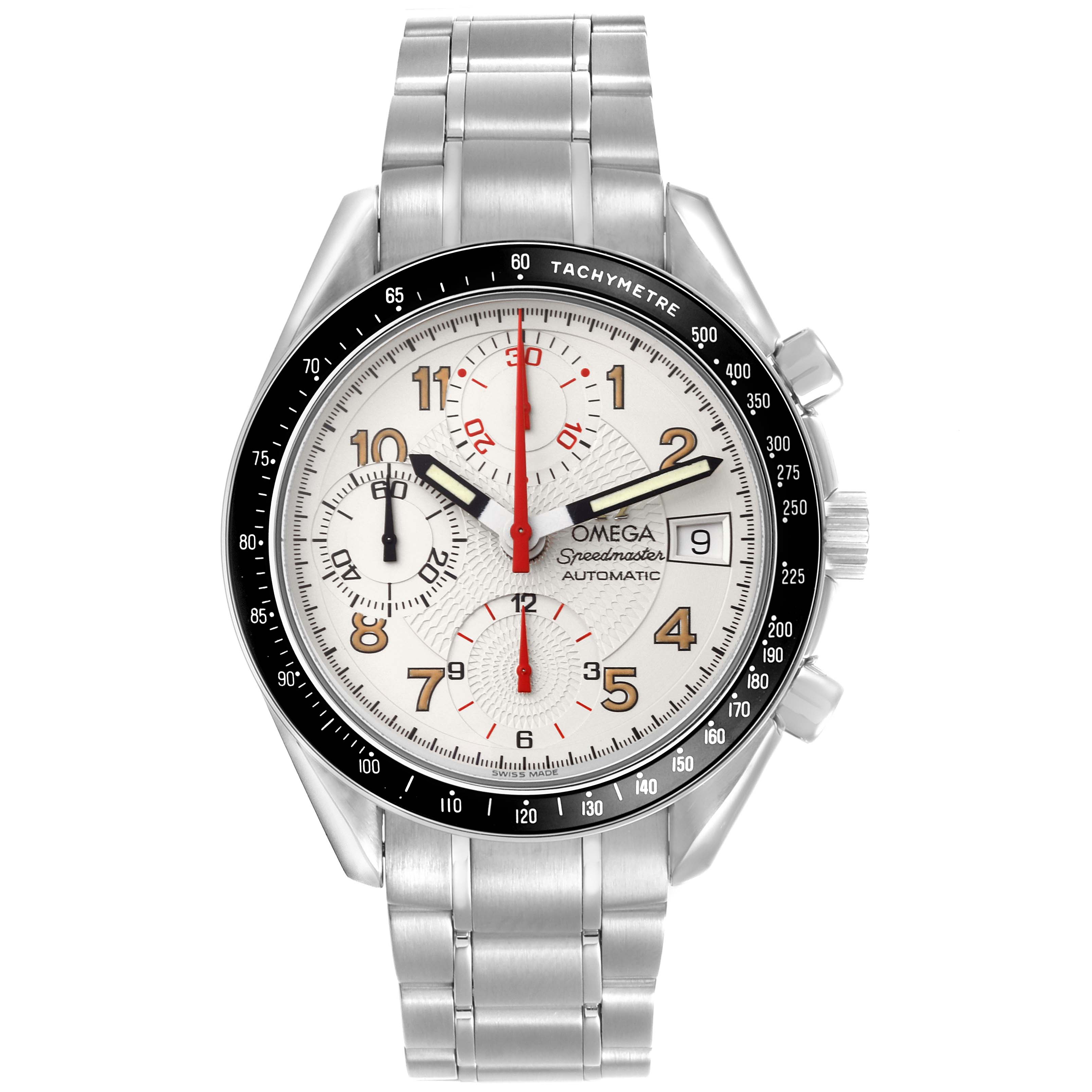 The Omega Speedmaster 3513.33.00 Men's Stainless Steel Silver Dial 3513.33.00 Men's Stainless Steel Silver Dial watch is shown from a front angle, displaying the face, bezel, and stainless steel bracelet.