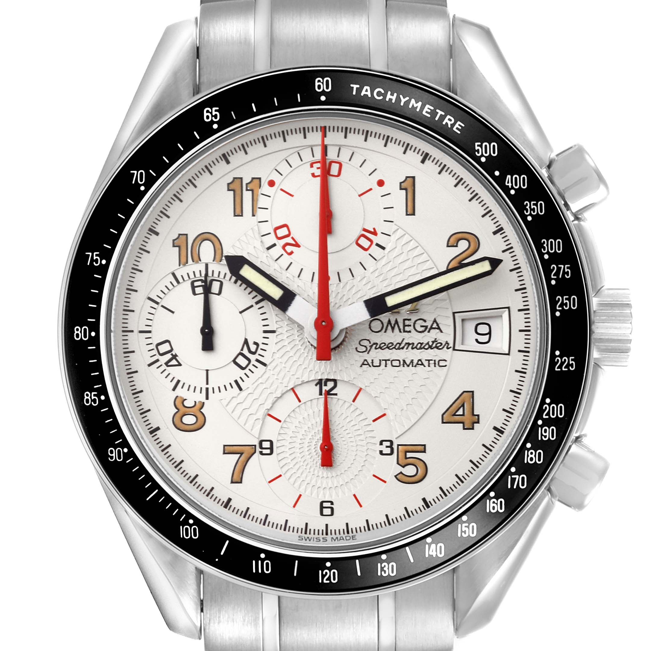 The Omega Speedmaster 3513.33.00 Men's Stainless Steel Silver Dial 3513.33.00 Men's Stainless Steel Silver Dial watch is shown from a front angle, displaying the dial, tachymetric bezel, and pushers.