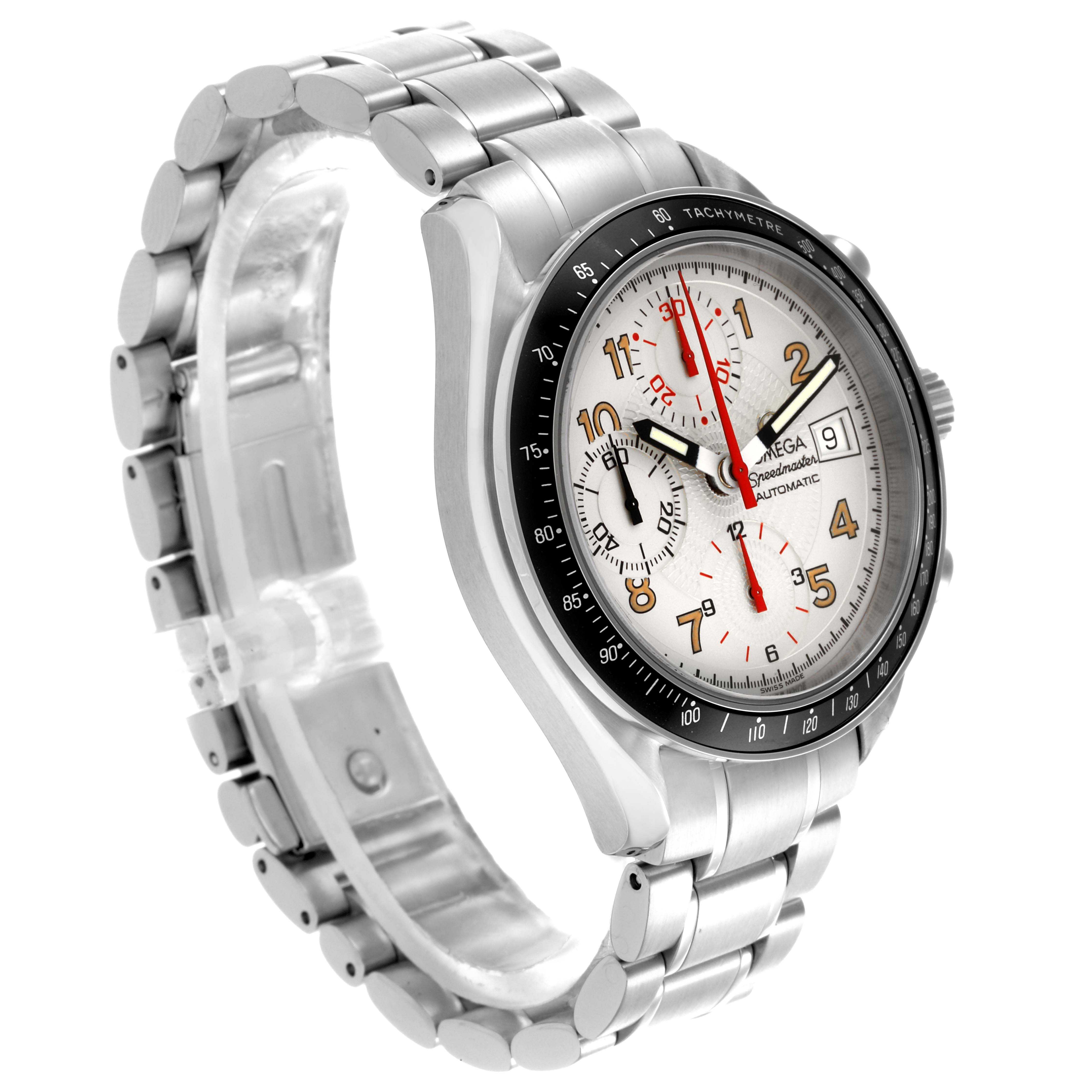 The Omega Speedmaster 3513.33.00 Men's Stainless Steel Silver Dial 3513.33.00 Men's Stainless Steel Silver Dial is shown at a three-quarter angle, highlighting the face, bezel, crown, and stainless steel bracelet.