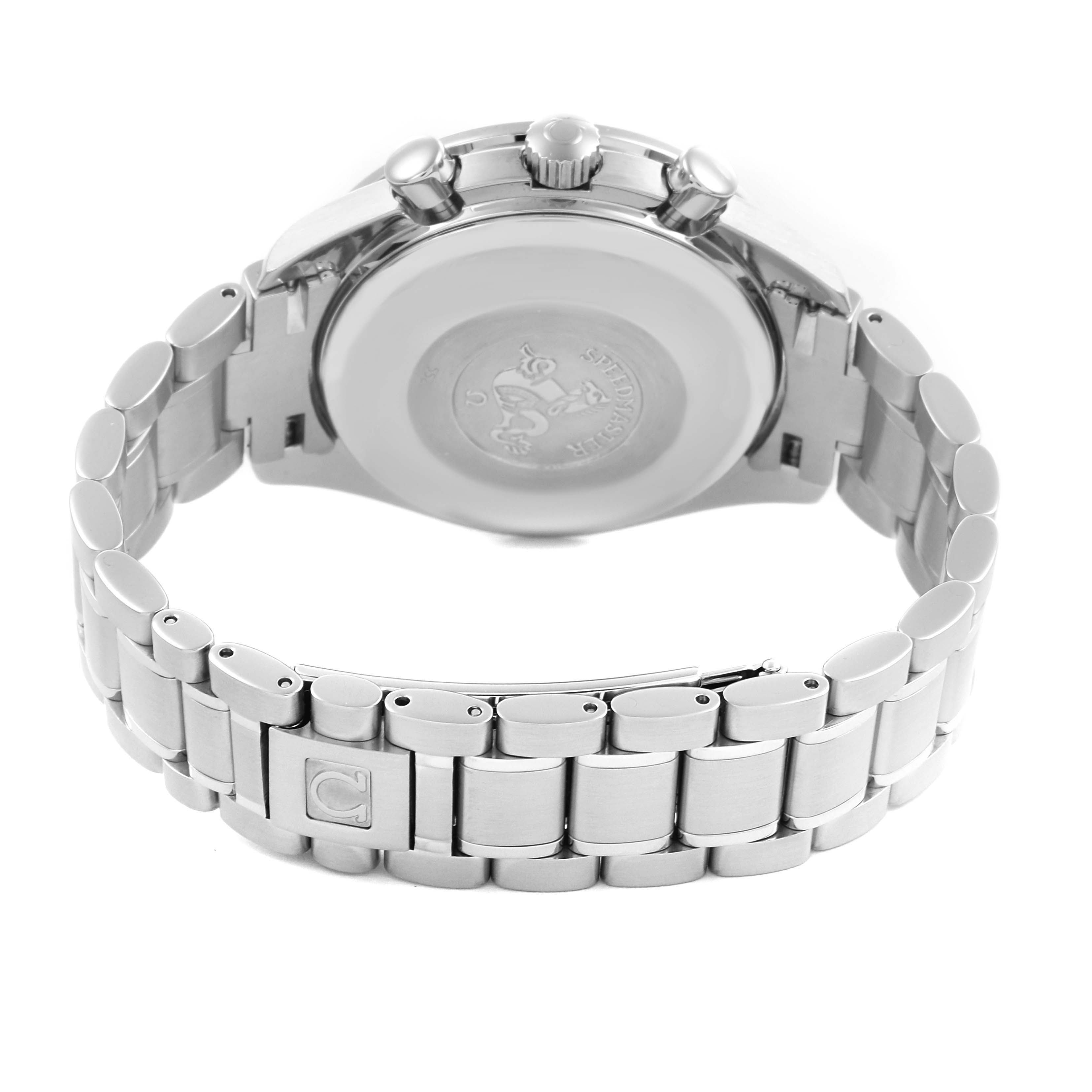The Omega Speedmaster 3513.33.00 Men's Stainless Steel Silver Dial 3513.33.00 Men's Stainless Steel Silver Dial watch is shown from the rear angle, highlighting the case back, crown, pushers, and bracelet.