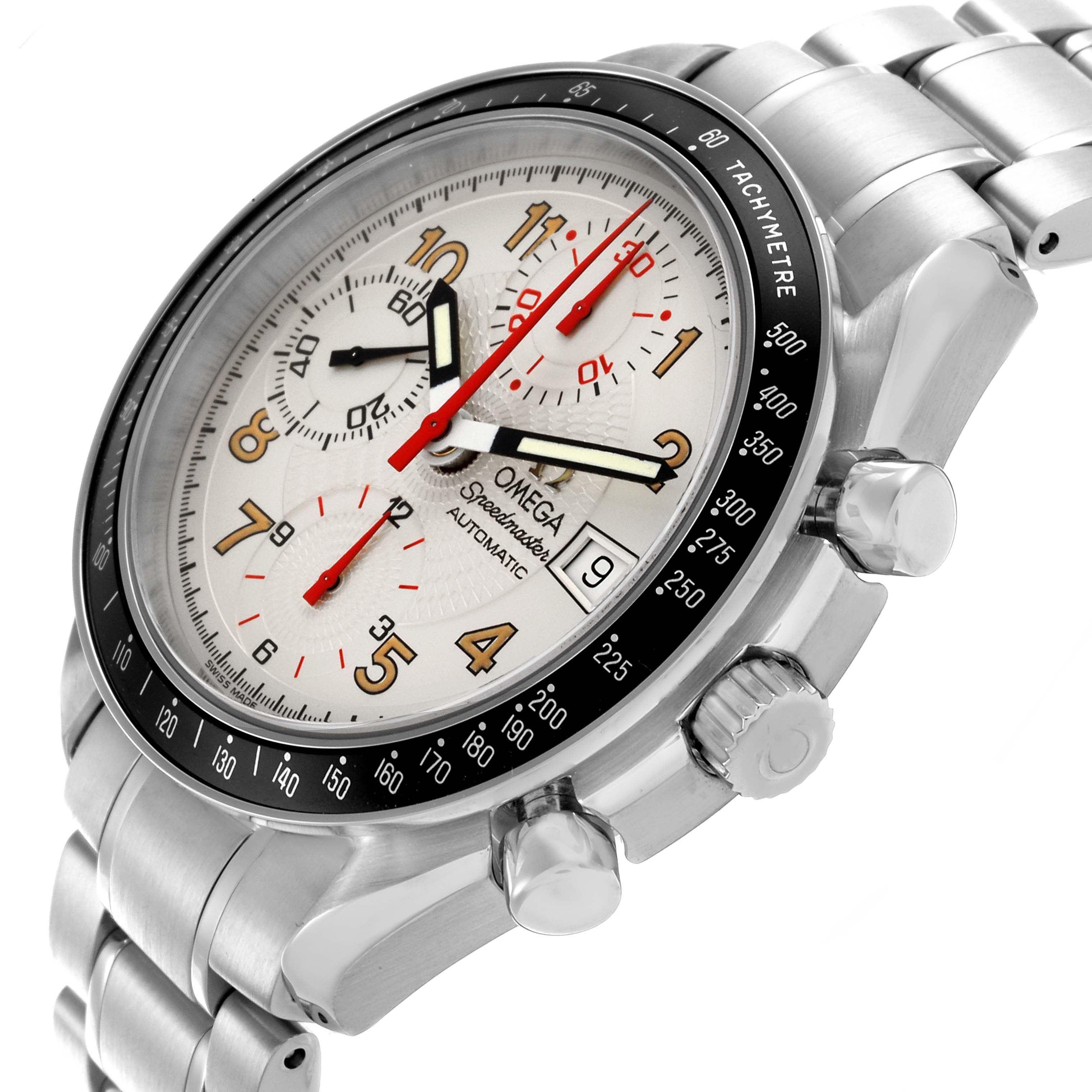 The Omega Speedmaster 3513.33.00 Men's Stainless Steel Silver Dial 3513.33.00 Men's Stainless Steel Silver Dial watch is shown at an angle highlighting the dial, bezel, crown, and chronograph pushers.