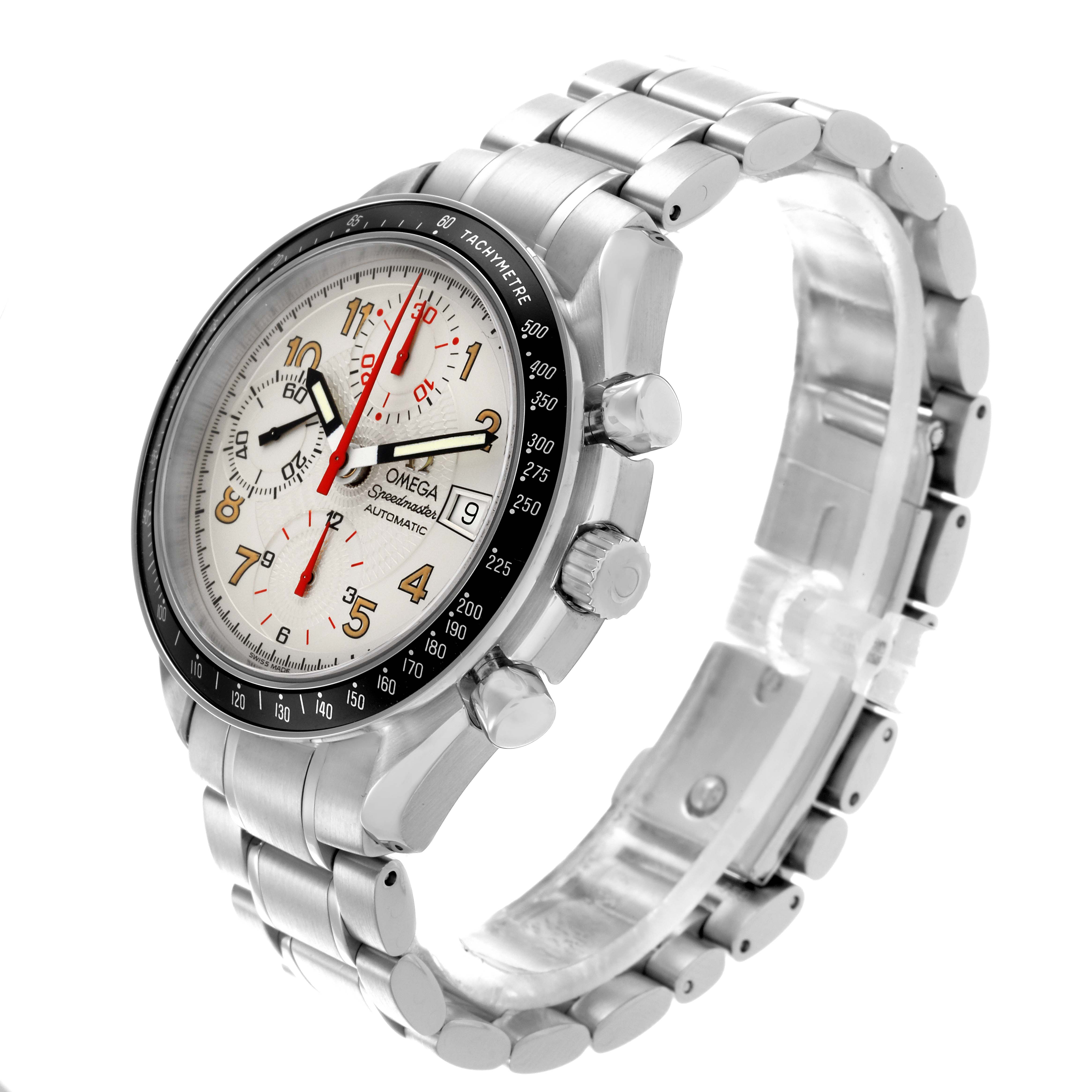 The Omega Speedmaster 3513.33.00 Men's Stainless Steel Silver Dial 3513.33.00 Men's Stainless Steel Silver Dial watch is shown from a three-quarter angle, displaying the face, bezel, crown, and part of the bracelet.