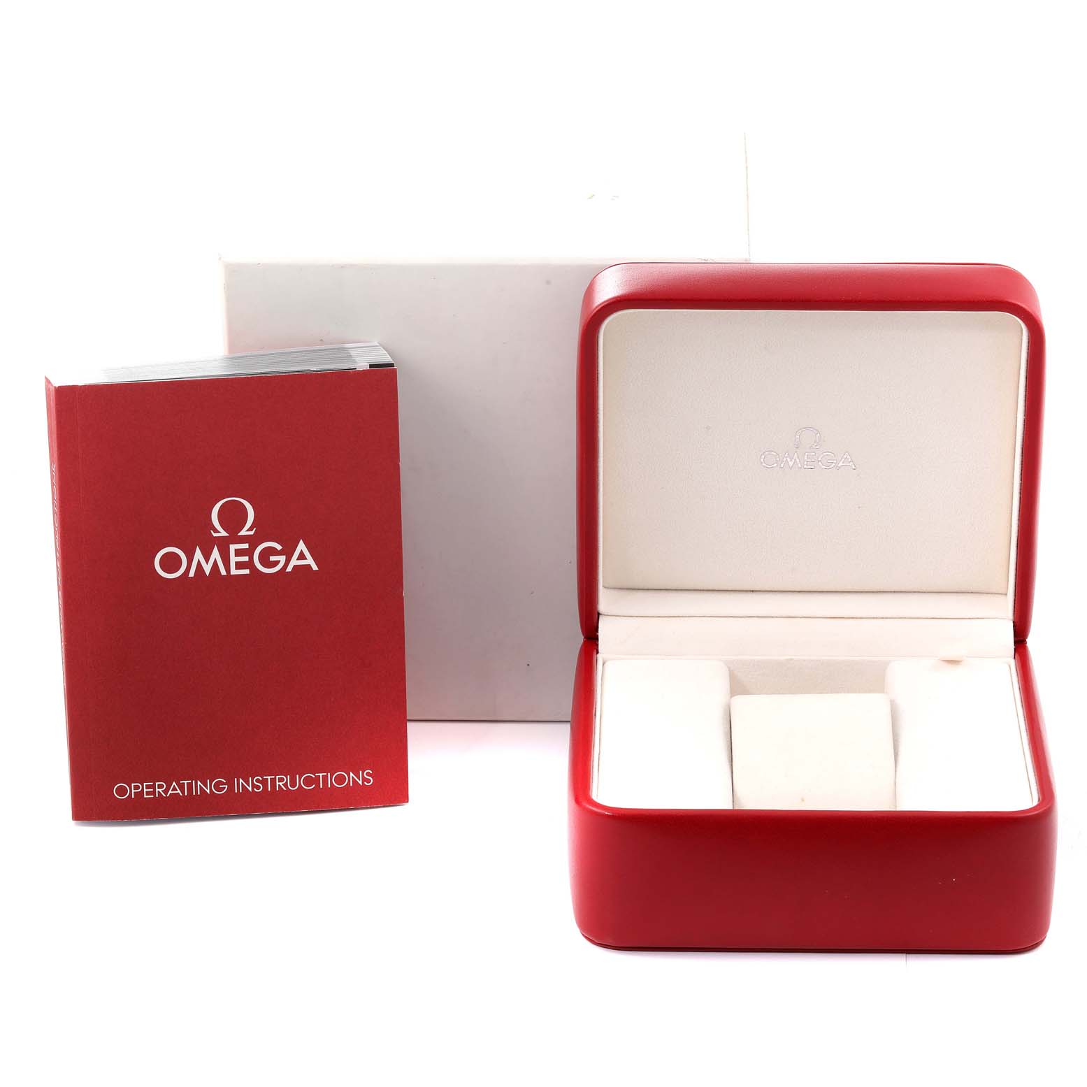 The image shows a red Omega Speedmaster 323.30.40.40.02.001 Men's Stainless Steel White Dial 323.30.40.40.02.001 Men's Stainless Steel White Dial watch box, an operating instructions manual, and an outer white box, viewed from the front.