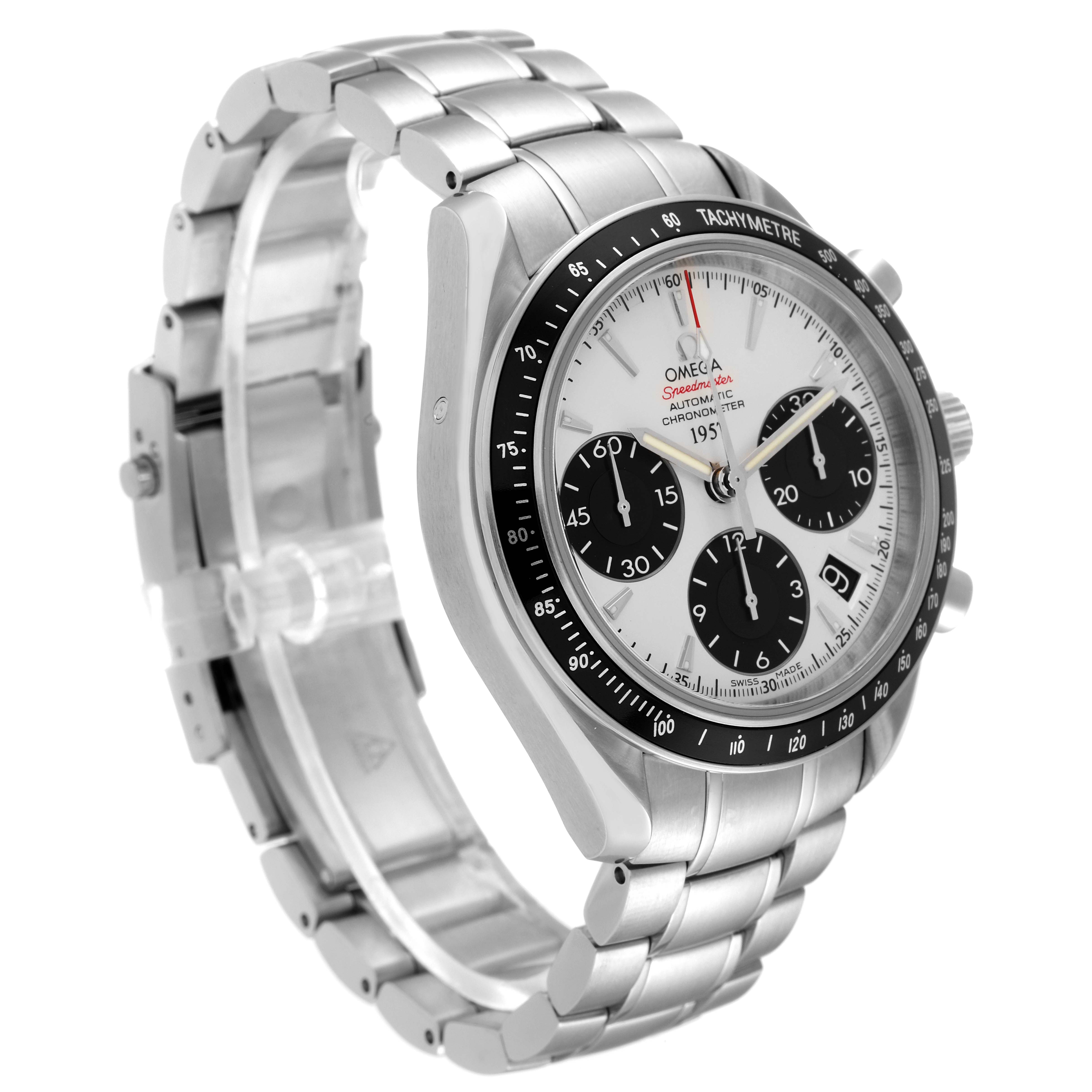 The image shows an angled view of an Omega Speedmaster 323.30.40.40.02.001 Men's Stainless Steel White Dial 323.30.40.40.02.001 Men's Stainless Steel White Dial watch with its face, bezel, and metal bracelet visible.