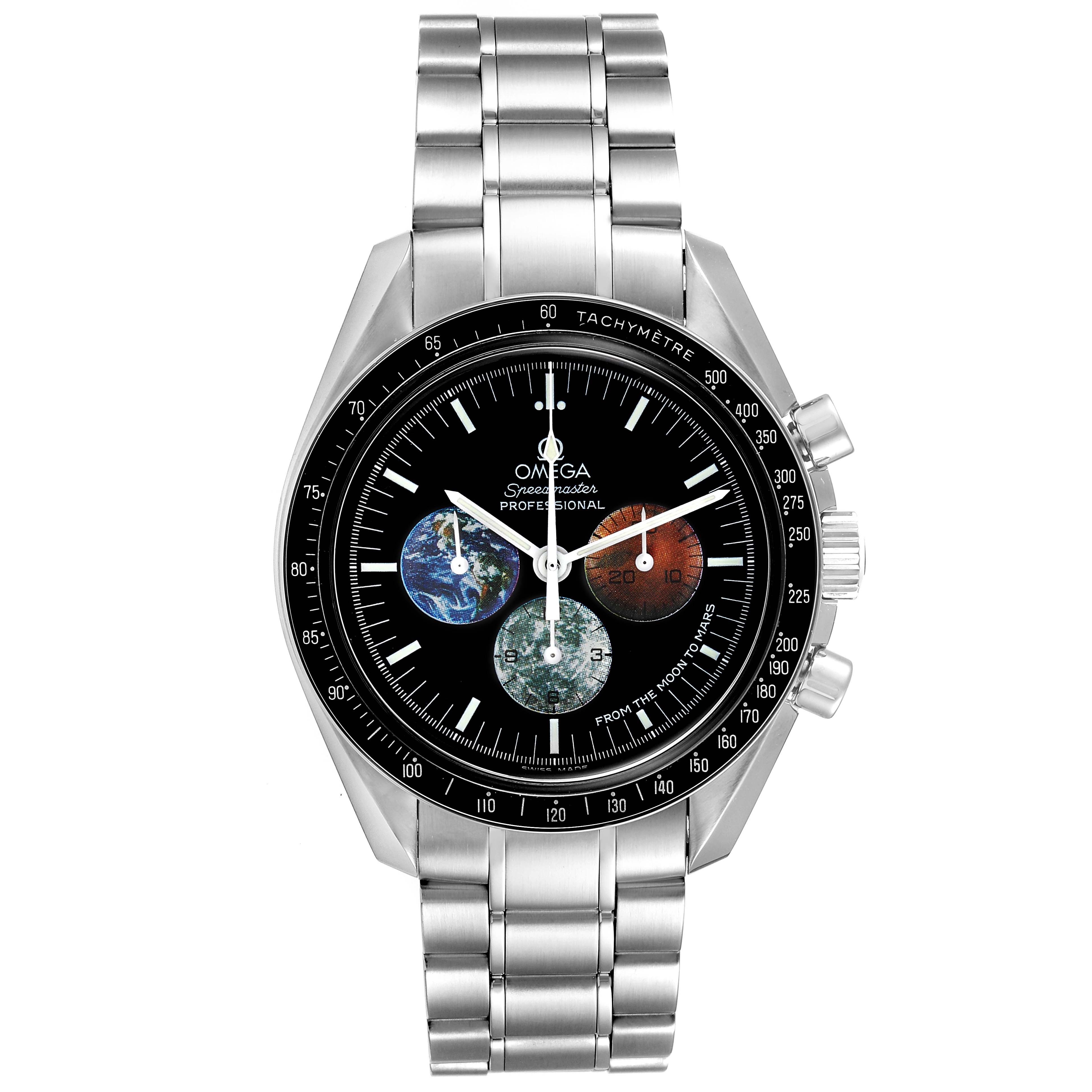 The Omega Speedmaster 3577.50.00 Men's Stainless Steel Black Dial 3577.50.00 Men's Stainless Steel Black Dial watch is shown from a front angle highlighting its dial, bezel, crown, and metal bracelet.