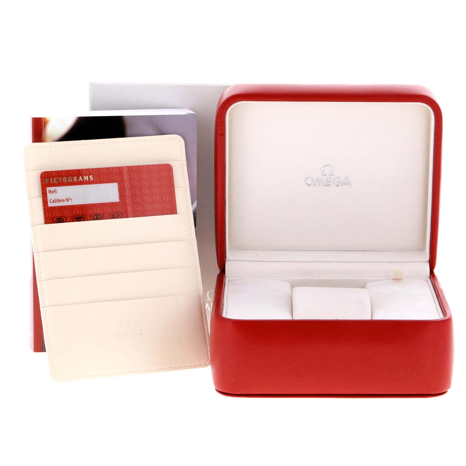 The image shows the Omega Speedmaster 3577.50.00 Men's Stainless Steel Black Dial 3577.50.00 Men's Stainless Steel Black Dial packaging from a front angle, including the watch box, warranty card, and manuals.