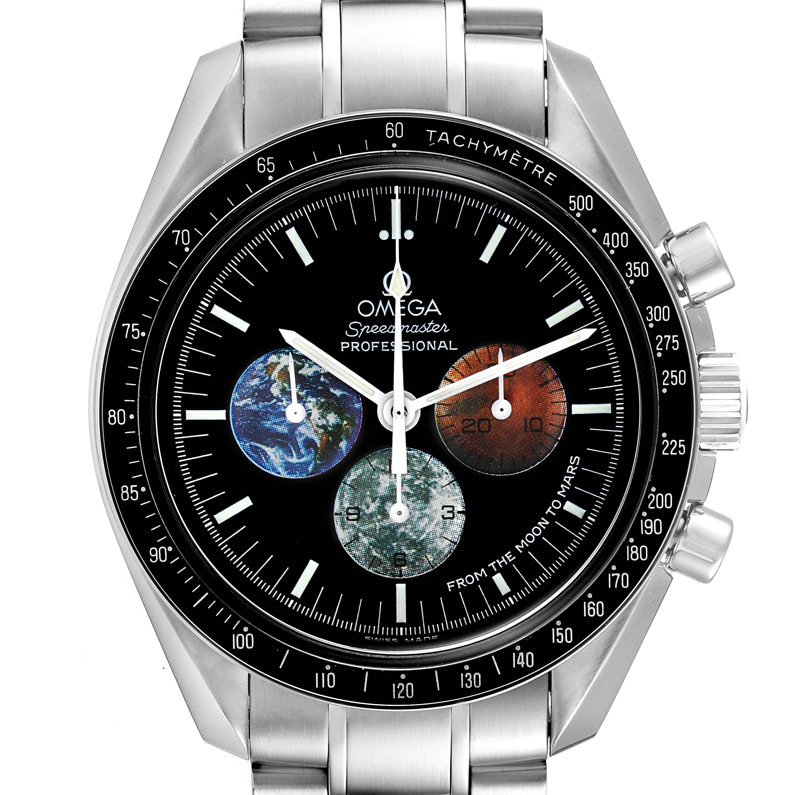 The Omega Speedmaster 3577.50.00 Men's Stainless Steel Black Dial 3577.50.00 Men's Stainless Steel Black Dial watch is shown from a top-down angle, highlighting its bezel, dial, tachymeter scale, and pushers.