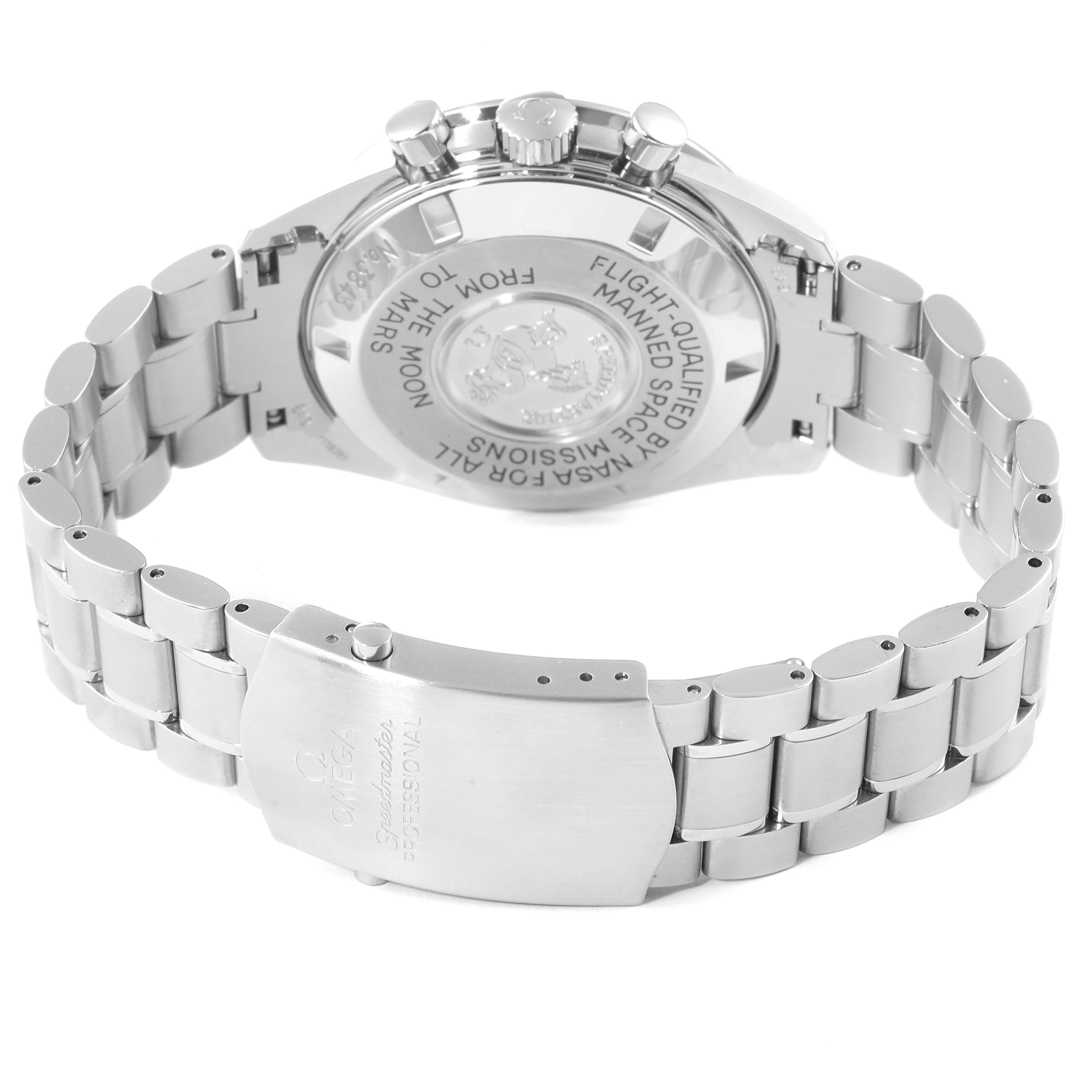 The image shows the back and clasp of the Omega Speedmaster 3577.50.00 Men's Stainless Steel Black Dial 3577.50.00 Men's Stainless Steel Black Dial watch at an angle, highlighting its metal bracelet and engraved case back.