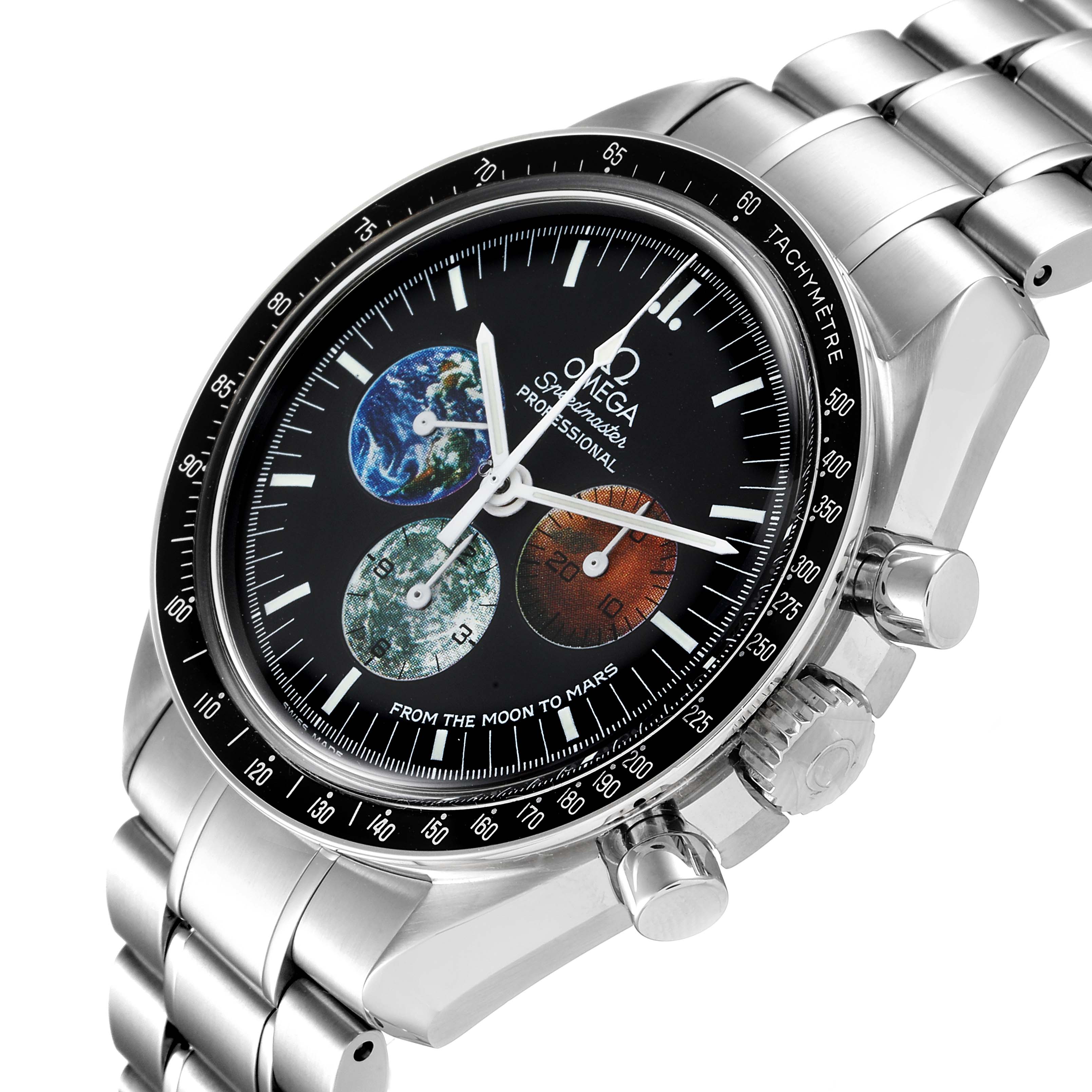 The image shows a close-up angle of the Omega Speedmaster 3577.50.00 Men's Stainless Steel Black Dial 3577.50.00 Men's Stainless Steel Black Dial watch, including the dial, tachymeter bezel, pushers, and bracelet.