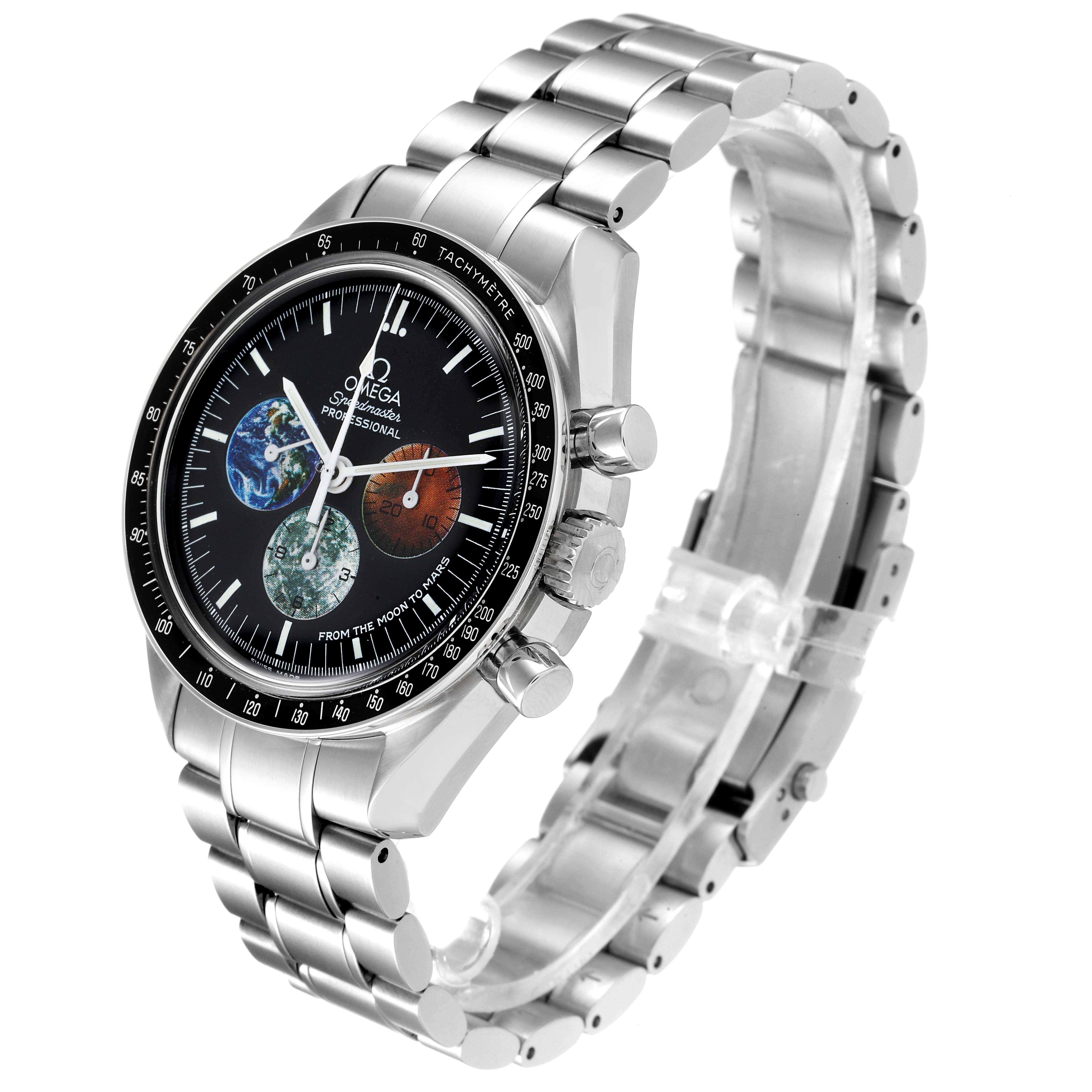 The Omega Speedmaster 3577.50.00 Men's Stainless Steel Black Dial 3577.50.00 Men's Stainless Steel Black Dial watch is shown at a three-quarter angle, highlighting the face, bezel, crown, pushers, and bracelet.