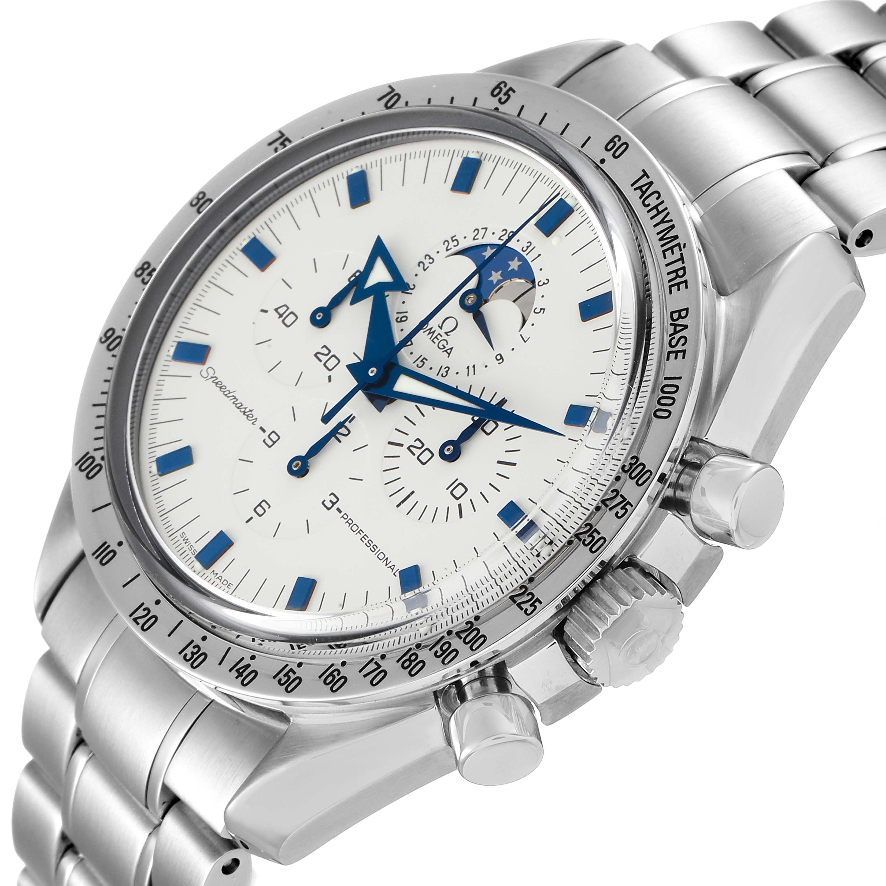 The Omega Speedmaster 3575.20.00 Men's Stainless Steel White Dial 3575.20.00 Men's Stainless Steel White Dial watch is shown from a three-quarters angle, displaying the dial, bezel, and side pushers.