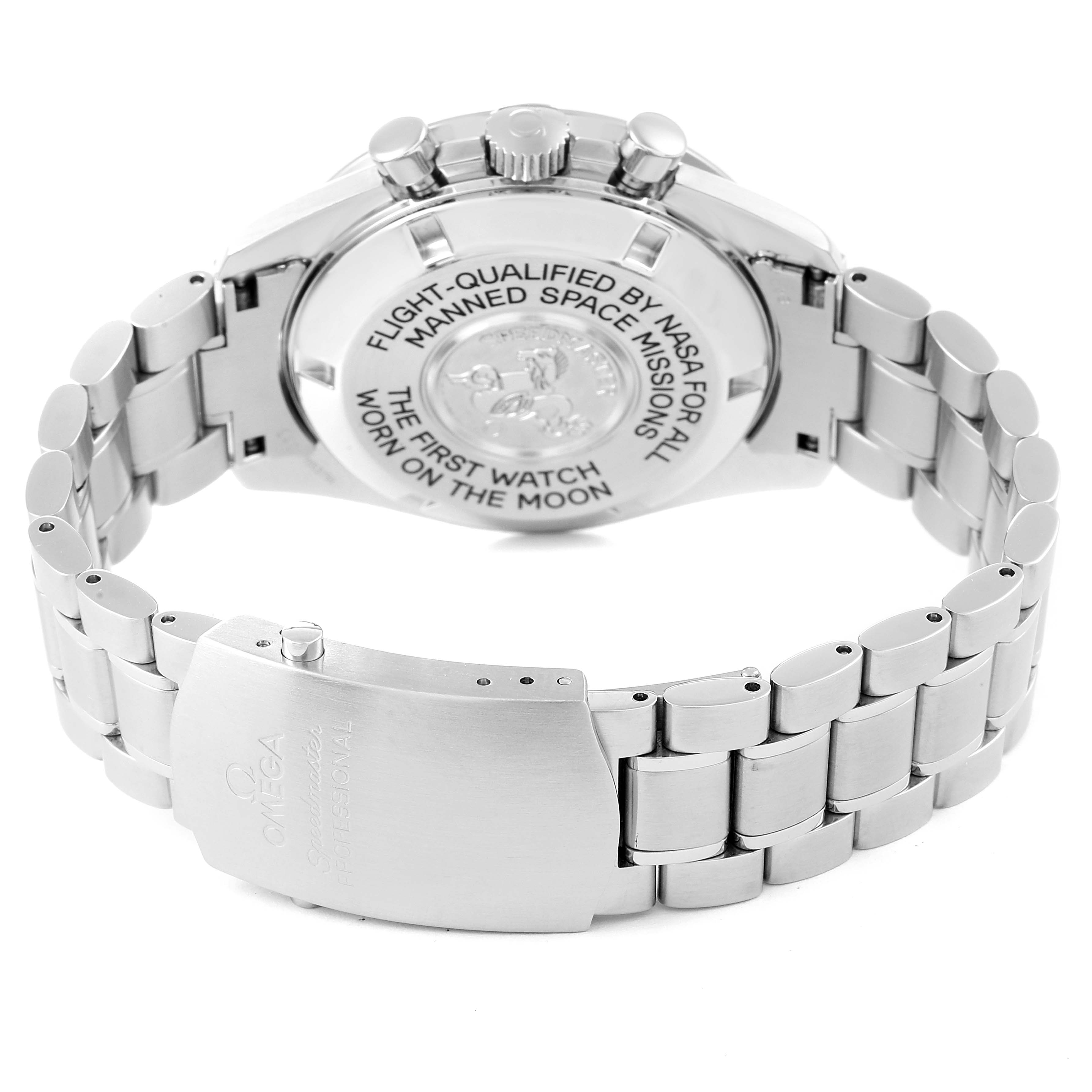 The image shows the back case and bracelet clasp of an Omega Speedmaster 3575.20.00 Men's Stainless Steel White Dial 3575.20.00 Men's Stainless Steel White Dial watch, highlighting engraved details.