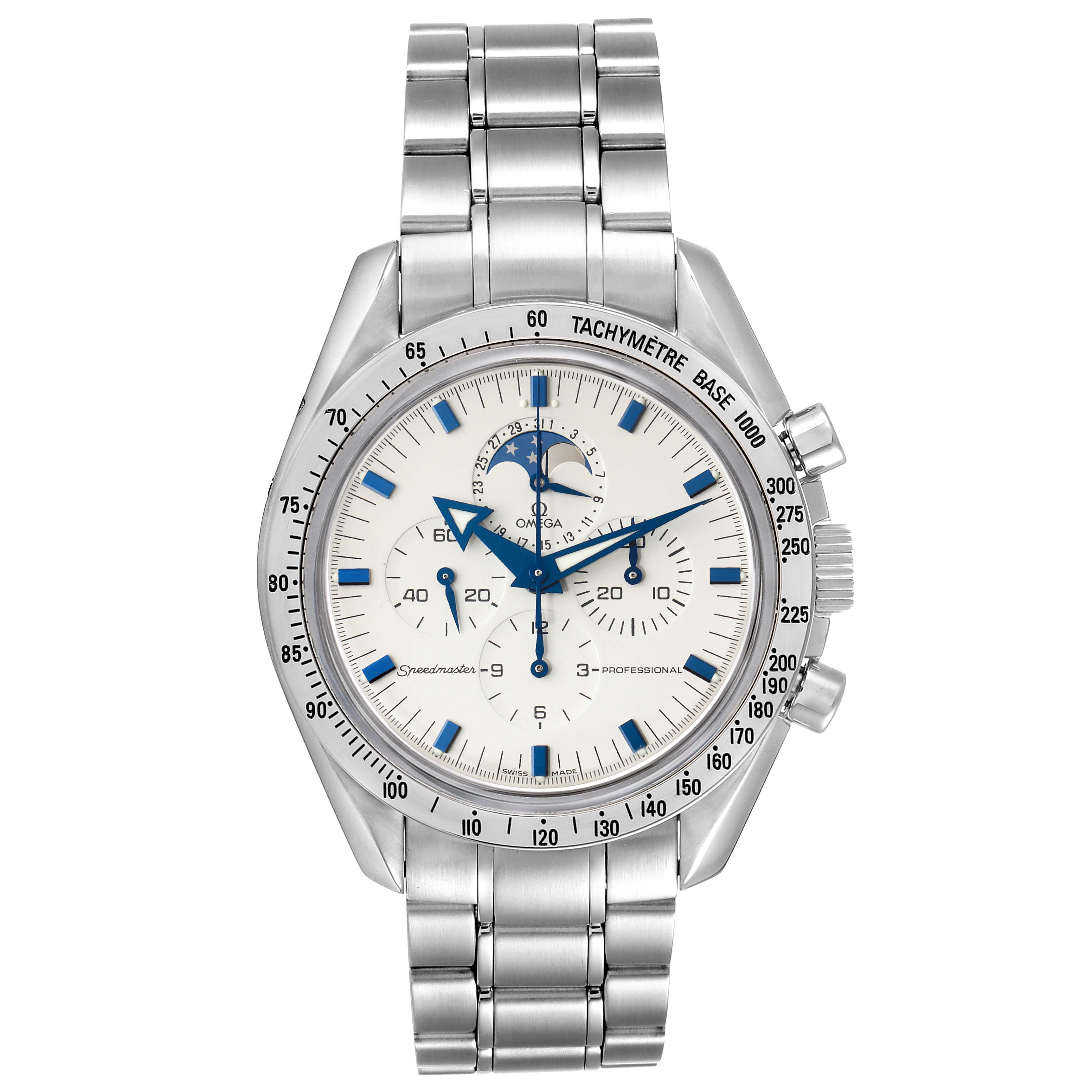 The image shows a front view of the Omega Speedmaster 3575.20.00 Men's Stainless Steel White Dial 3575.20.00 Men's Stainless Steel White Dial watch, highlighting its face, dials, and stainless steel bracelet.