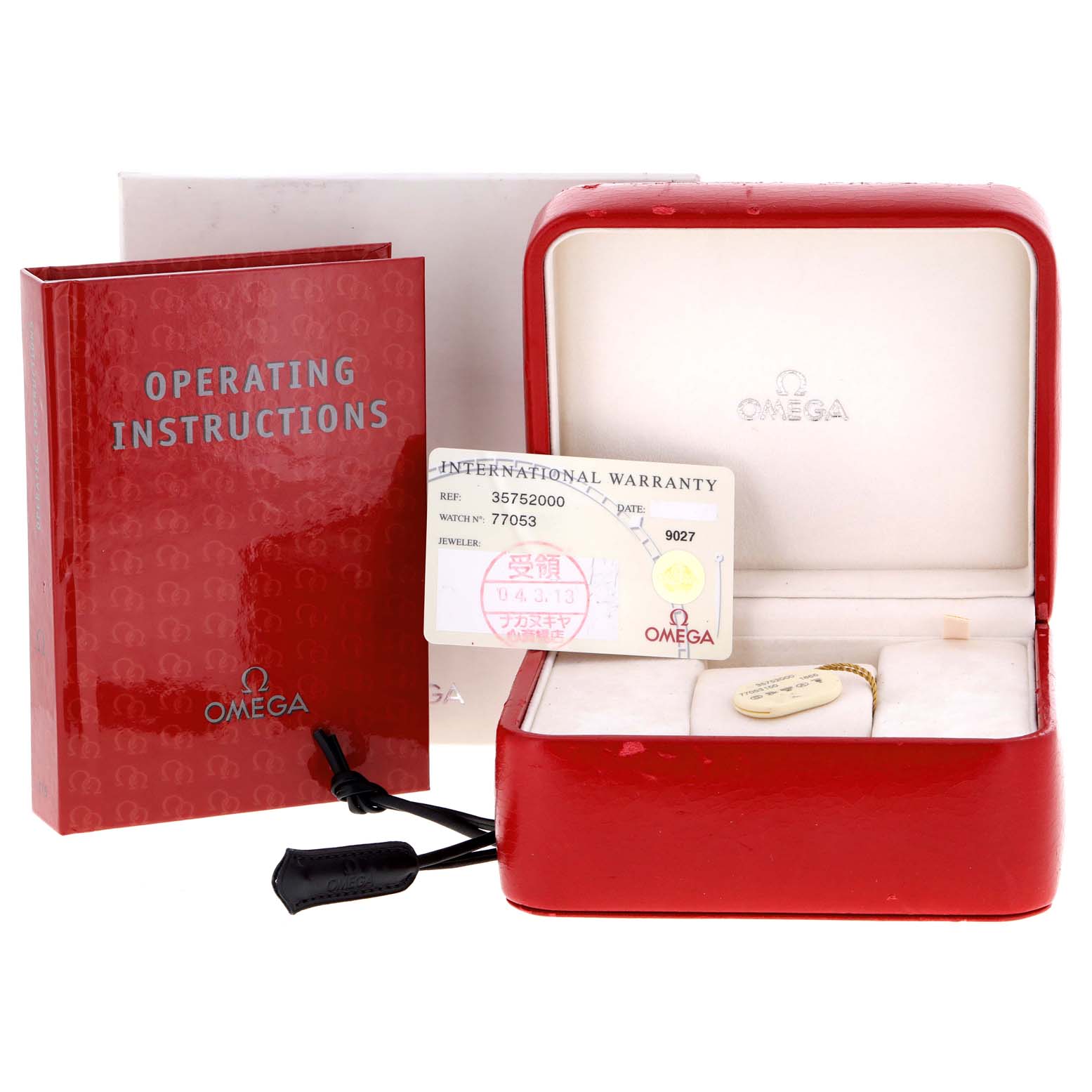 The image shows the open box, international warranty card, and operating instructions for an Omega Speedmaster 3575.20.00 Men's Stainless Steel White Dial 3575.20.00 Men's Stainless Steel White Dial watch.