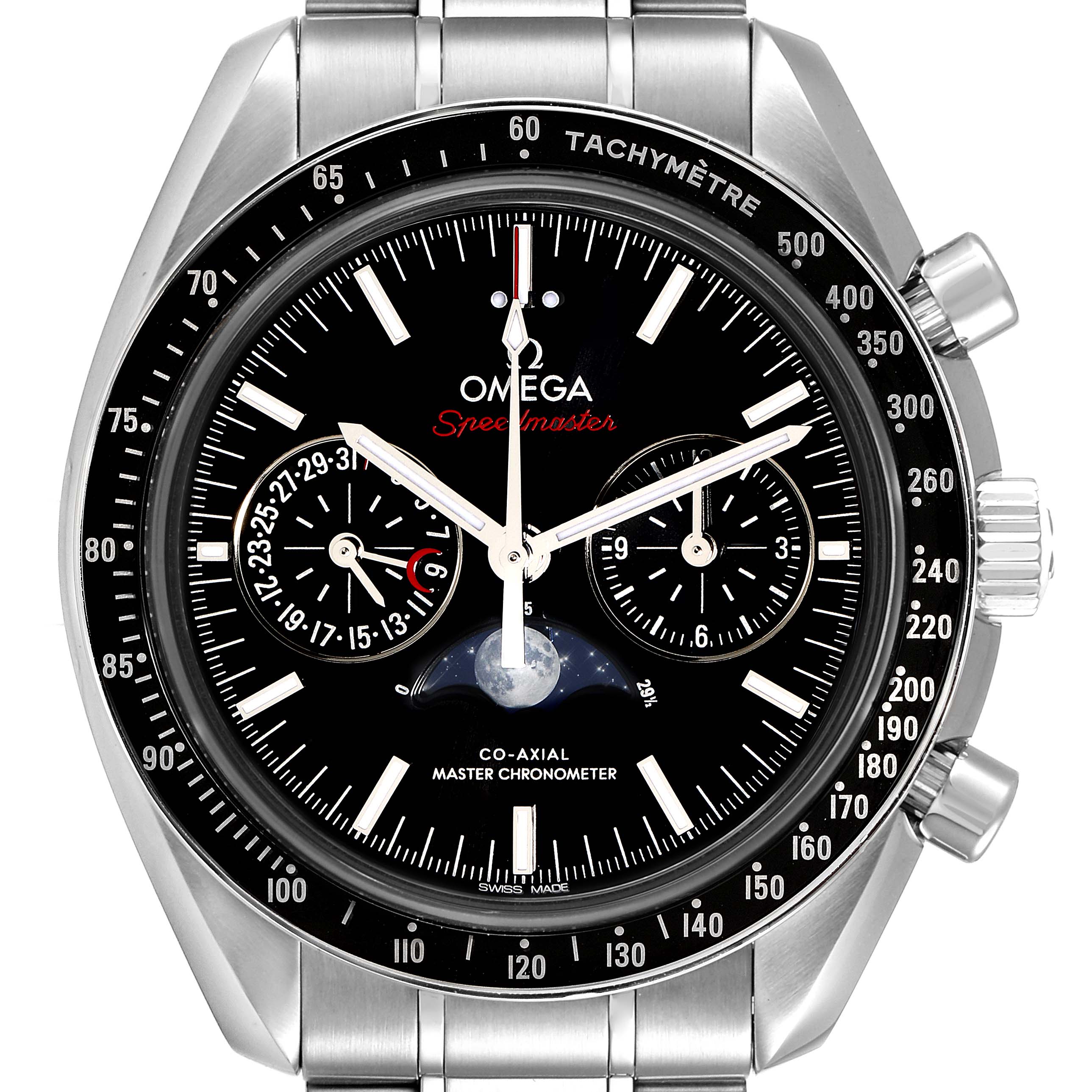 The image shows a front view of an Omega Speedmaster 304.30.44.52.01.001 Men's Stainless Steel Black Dial 304.30.44.52.01.001 Men's Stainless Steel Black Dial watch, highlighting its dial, hands, subdials, tachymeter bezel, and stainless steel bracelet.