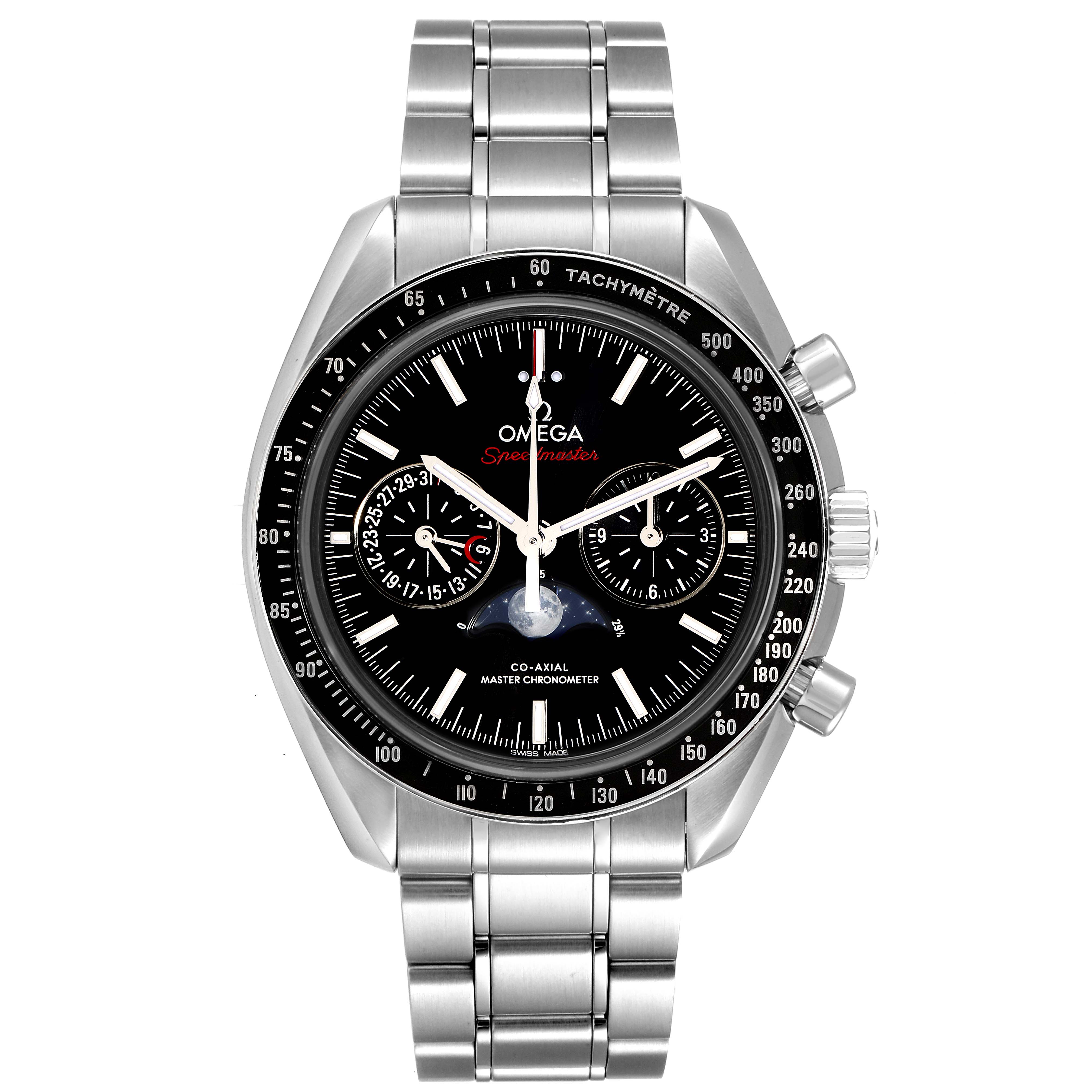 The image shows a front view of an Omega Speedmaster 304.30.44.52.01.001 Men's Stainless Steel Black Dial 304.30.44.52.01.001 Men's Stainless Steel Black Dial watch, displaying its face and stainless steel bracelet.