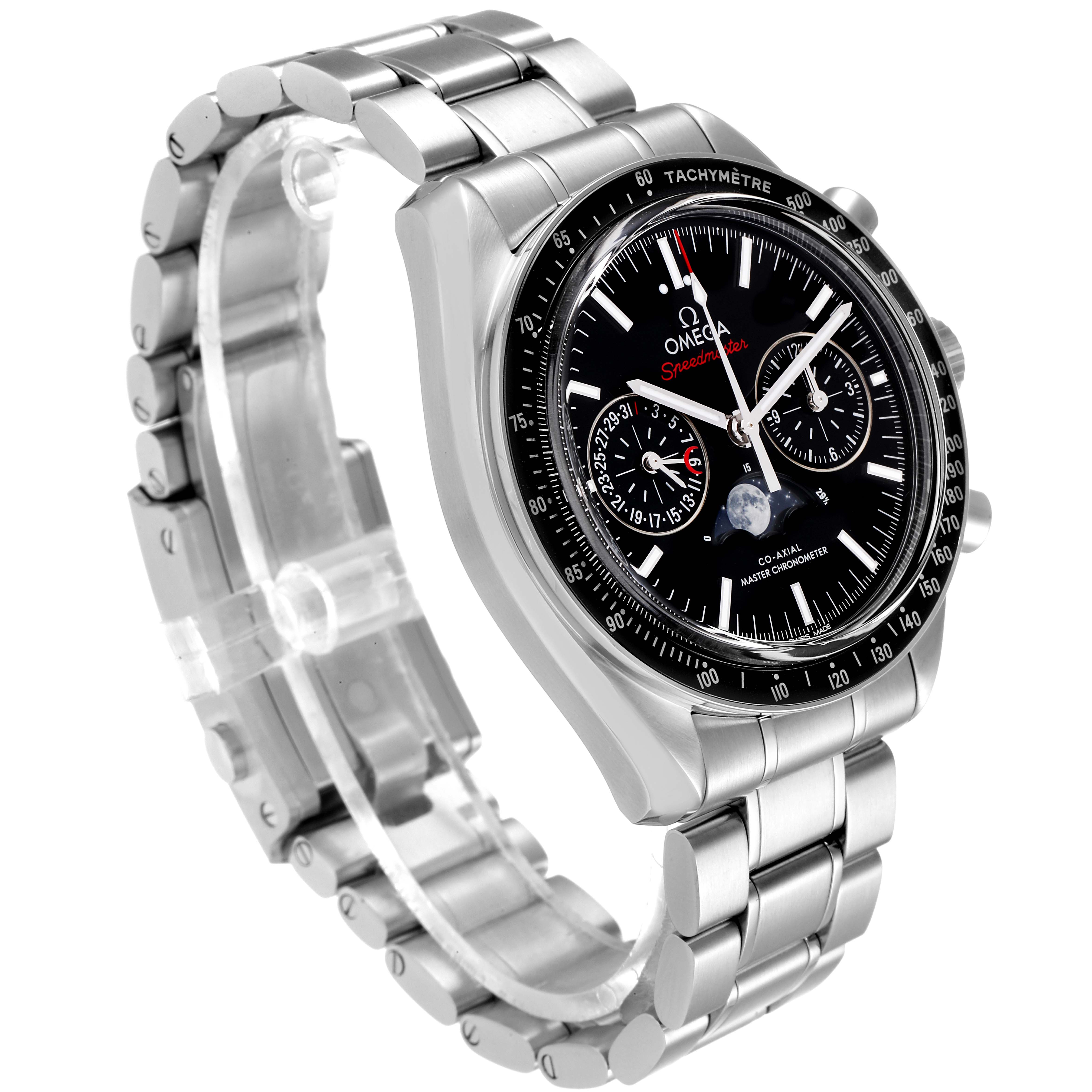 The Omega Speedmaster 304.30.44.52.01.001 Men's Stainless Steel Black Dial 304.30.44.52.01.001 Men's Stainless Steel Black Dial watch is shown at a three-quarter angle, highlighting its face, bezel, and stainless steel bracelet.