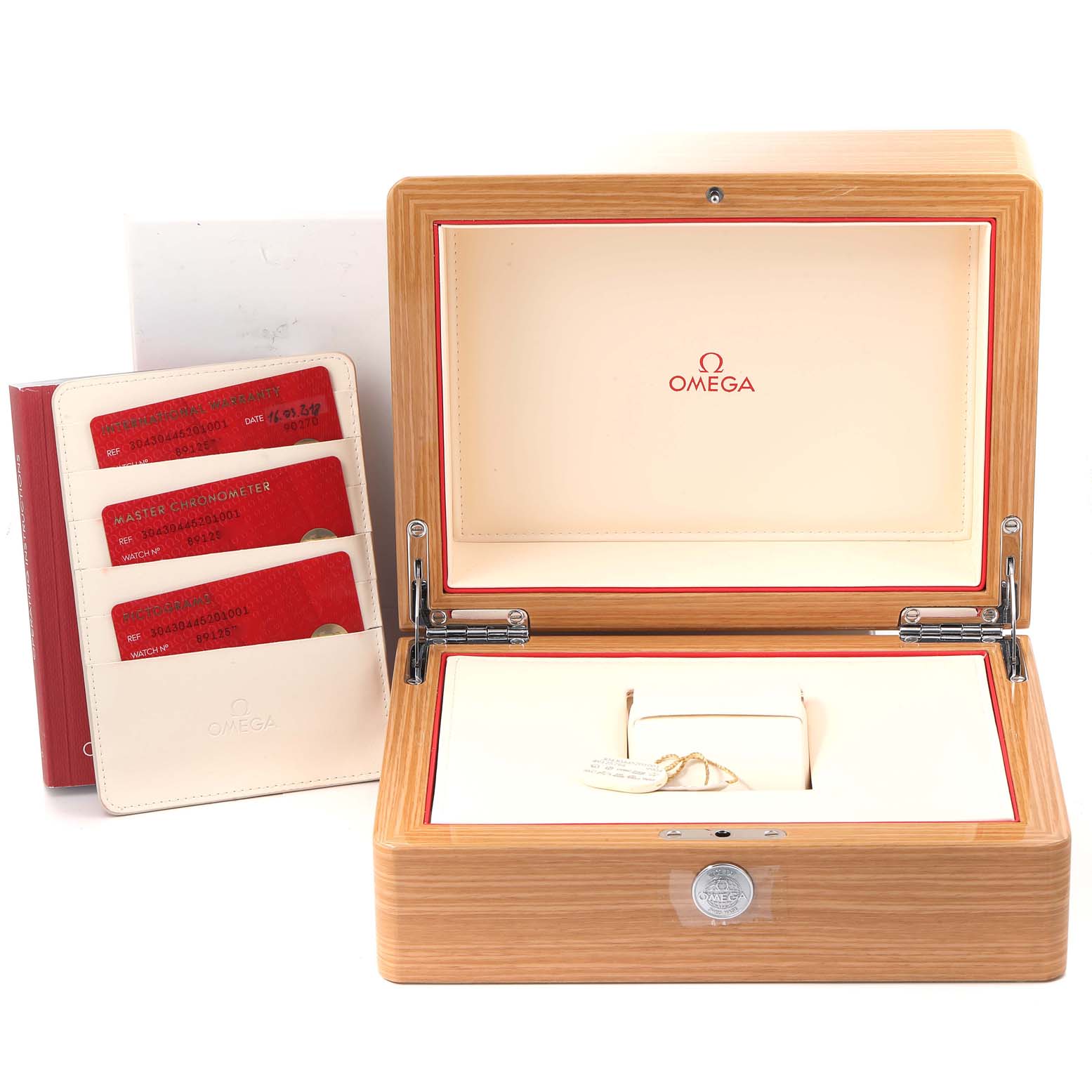 This picture shows the open display box and certificates for the Omega Speedmaster 304.30.44.52.01.001 Men's Stainless Steel Black Dial 304.30.44.52.01.001 Men's Stainless Steel Black Dial watch.